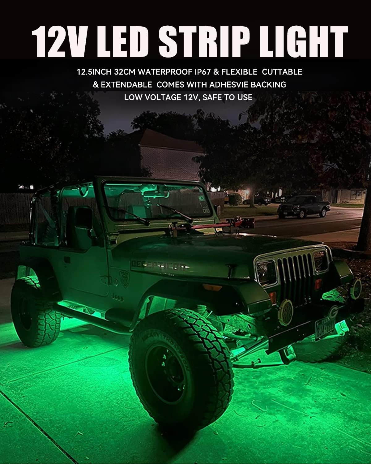 12V Led Light Strip 32CM Waterproof Green Led Strip Lights for Cars Motorcycles Golf Cart Interior & Exterior Marine Boat 12V 5050 18SMD,Pack of 4