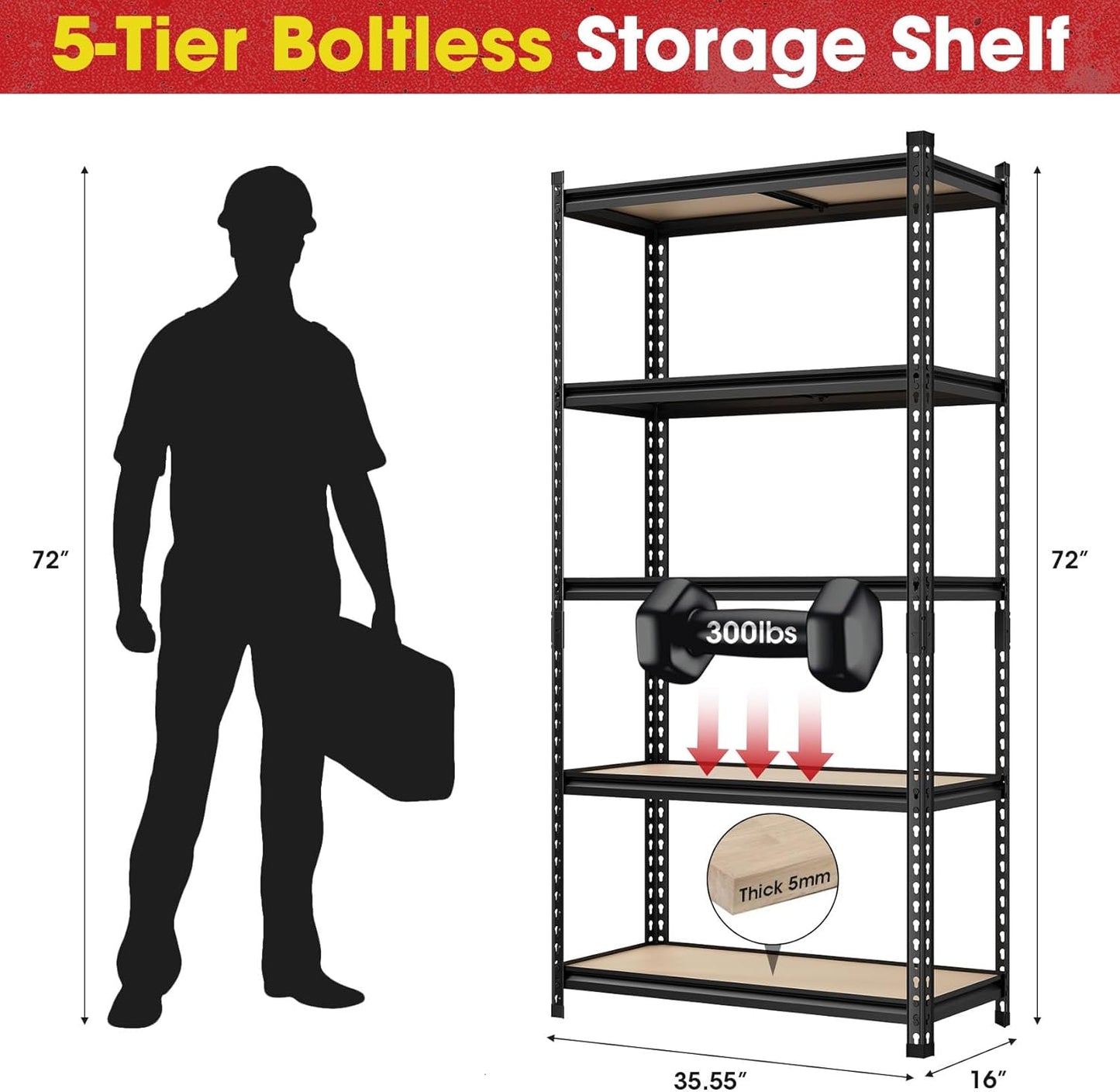 2 Pack 5 Tier Garage Shelving Unit, 72" H x 35.55" W x 16" D Metal Storage Shelves Heavy Duty, Adjustable Garage Storage Utility Rack for Kitchen Pantry Basement Bathroom Closet