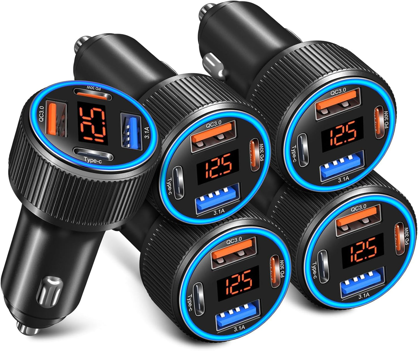 5 Pack USB C Car Charger, 4-Port 65W Car Power Adapter with Voltmeter QC+PD 3.0 Fast Charging Cigarette Lighter USB Charger for iPhone 16/15/14/13/12 Pro Max,Galaxy S25/S24,Android(Black)