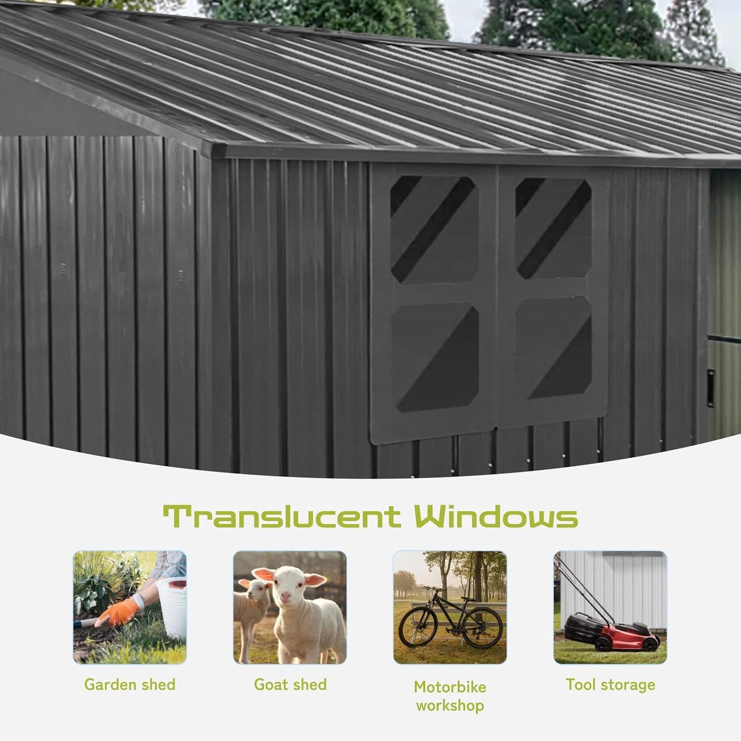 12x10 Ft Storage Shed Outdoor, XL Permanent Steel Building with Window, Sliding Doors and 4 Air Vents for Backyard Garden Patio Lawn - Black