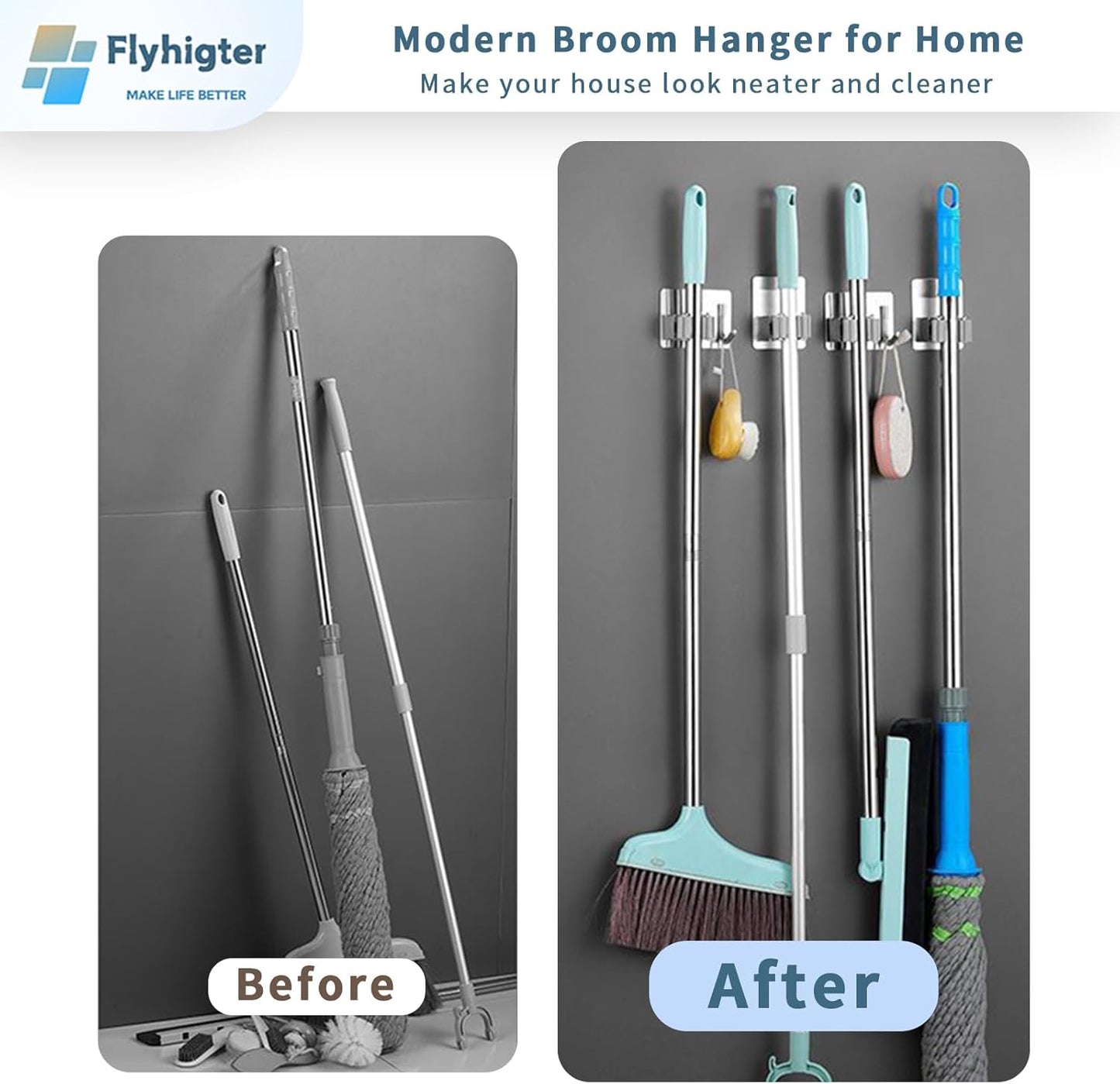 6 Pack Stainless Steel Mop and Broom Holders – Wall Mounted Grippers with Adhesive or Nail-Free Glue, No-Drill Installation for Kitchen, Bathroom, Garage