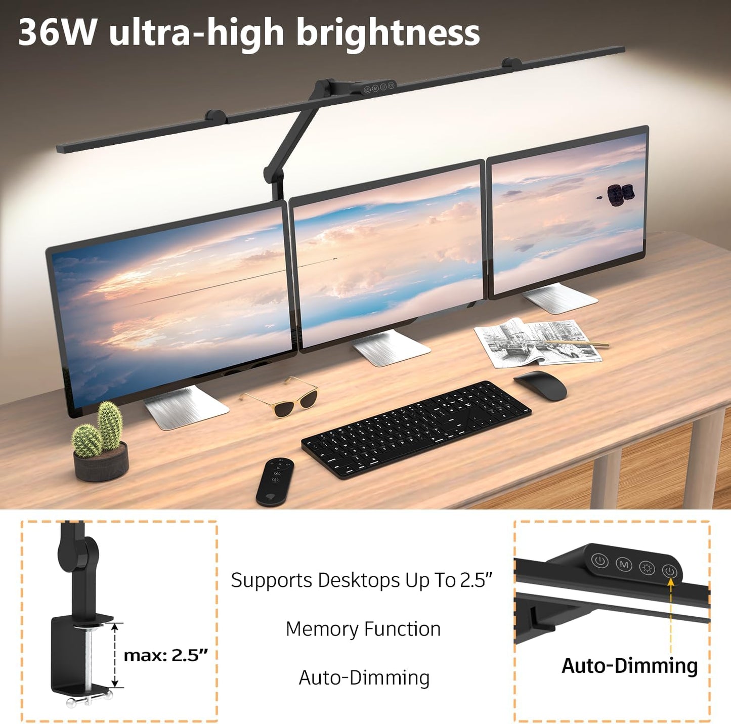 3000 Lumen Ultra Bright Architect Desk Lamp with Clamp, 36W Tall Overhead Led Desk Light for Home Office, 47Inch Long Dimmable Computer Monitor Light Bar with Remote for Table Desktop Drafting