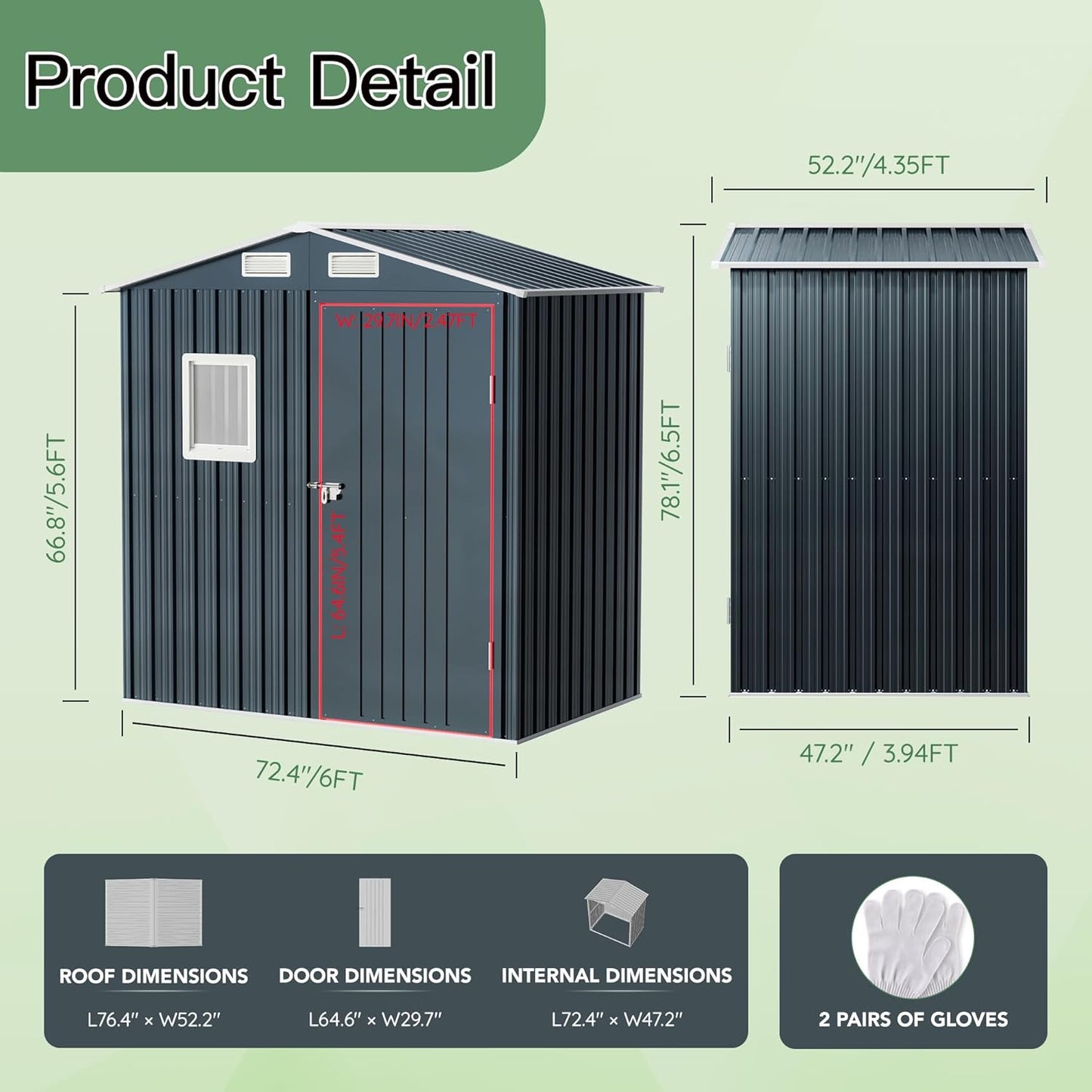 6X4X6.5 FT Compact Vertical Outdoor Steel Storage Shed with Lockable Doors, Ideal for Garden, Backyard, and Patio Utility and Small Tool Storage,Bike Shed, Garbage Can, Chicken Coop