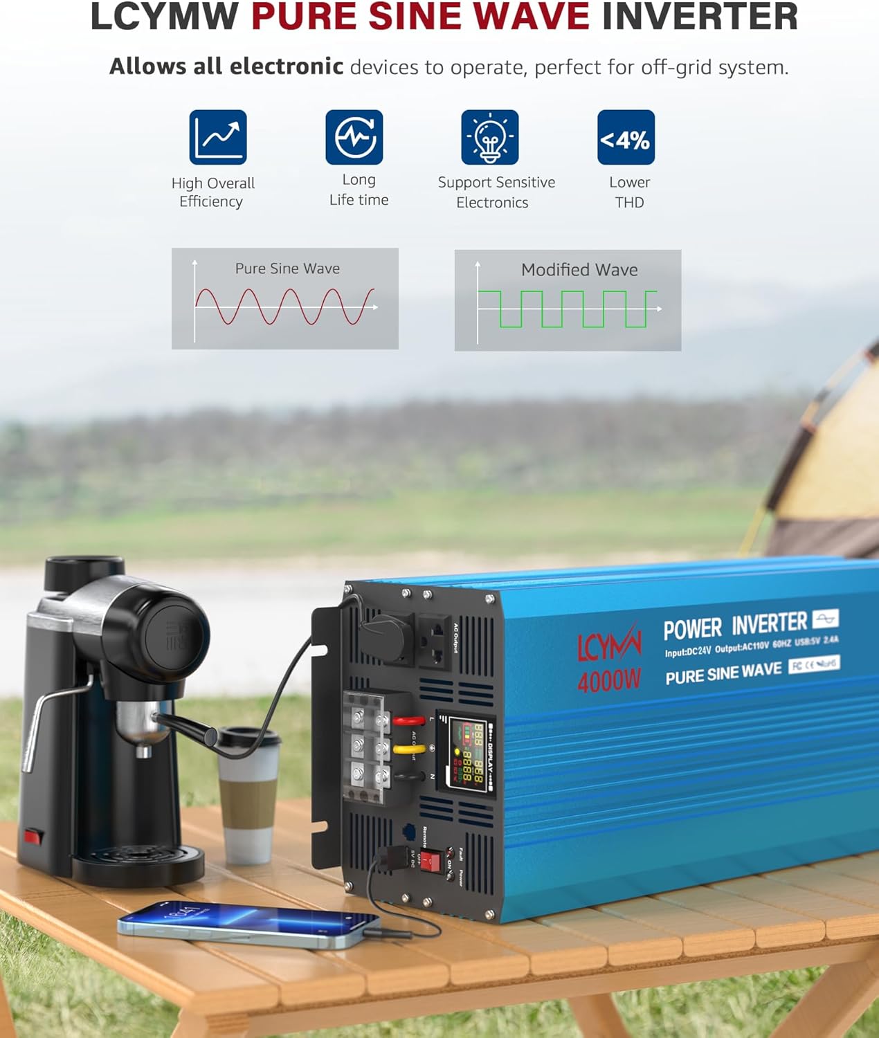 4000 Watt Pure Sine Wave Power Inverter DC 24V to 110/120V AC with 2 AC Charger Outlets and Wiring Terminal 8000W Peak Car Solar Converter for Vehicles Home with LCD Display and 2.4A USB Charging Port
