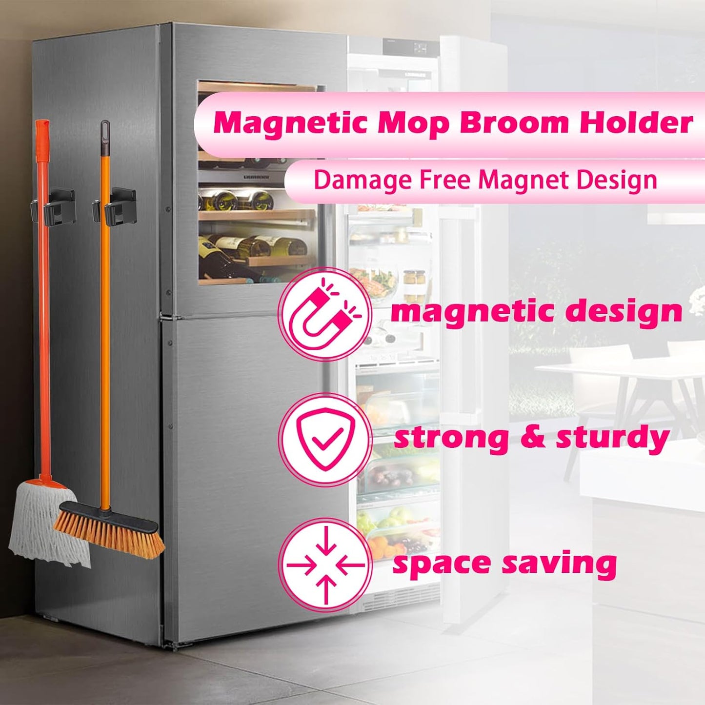 4 Pack Magnetic Mop Broom Holder, Heavy Duty Magnetic Mop Hanger for Refrigerators, Magnetic Mount Mop Broom Holder for Laundry Room Garage Kitchen Workshops Metal Shed