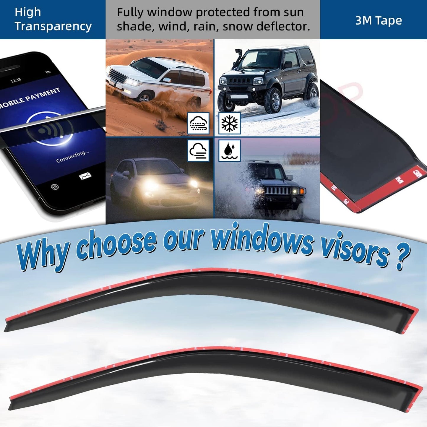 2pcs Front Smoke Sun/Rain Guard Outside Mount Tape-On Window Visors Compatible with 96-00 Civic 2-Door Coupe/3-Door Hatchback