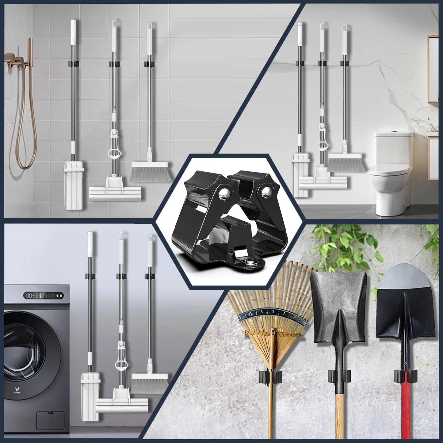 3-H Stainless Steel Broom Holder Wall Mount 50-Pack- Heavy Duty Mop Organizer, Wall Mounted Broom Storage with Secure Mounting for Kitchen Laundry Garage Bathroom (Space Saving)