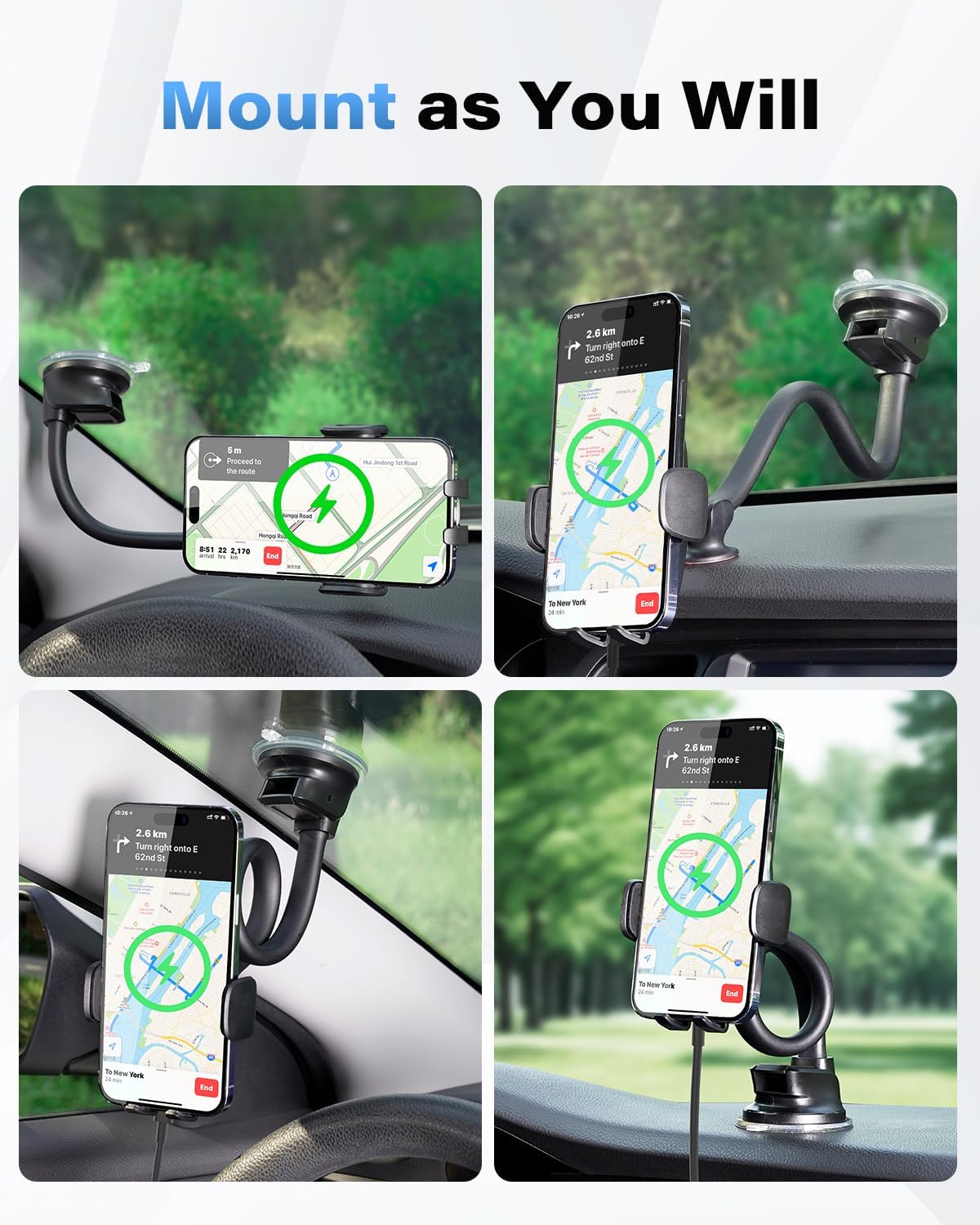 1Zero Solid Car Truck Phone Mount Wireless Charger Holder with 14-Inch Gooseneck Long Arm for iPhone 15 Pro Max Plus 14 13 12 11 XS X Samsung S24 Ultra S23 S22 S22 S21 S20 Pixel 9 Pro XL 8 7 6 5 4