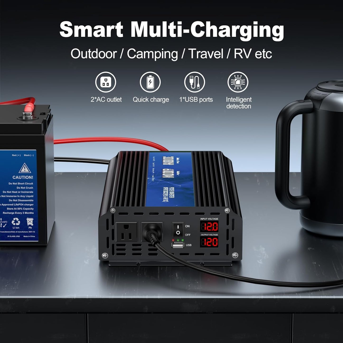 3000W Power Inverter,Peak Power 6000W 12V DC to AC 110V120V,Remote Control with 2AC Outlets and 2.4USB Port,LCD Display for Power Converter,Outdoor Activities,Emergency,Vehicles Truck RV Solar System