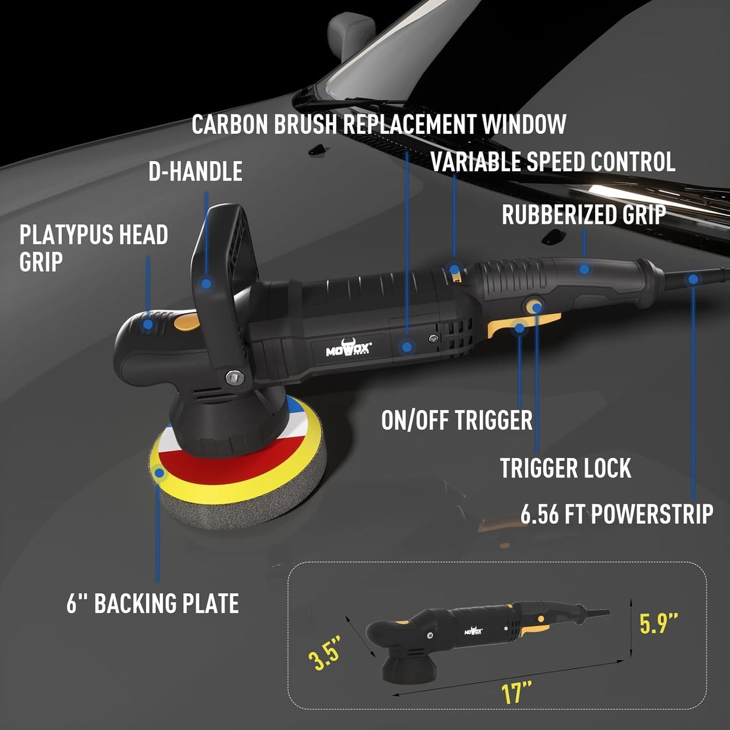 6" Dual Action Buffer Polisher,1200w polisher,6 Variable Speed Car Buffer Polisher with Detachable Handle,Pulidora De Autos For Car, Boat Sanding, Polishing, And Waxing