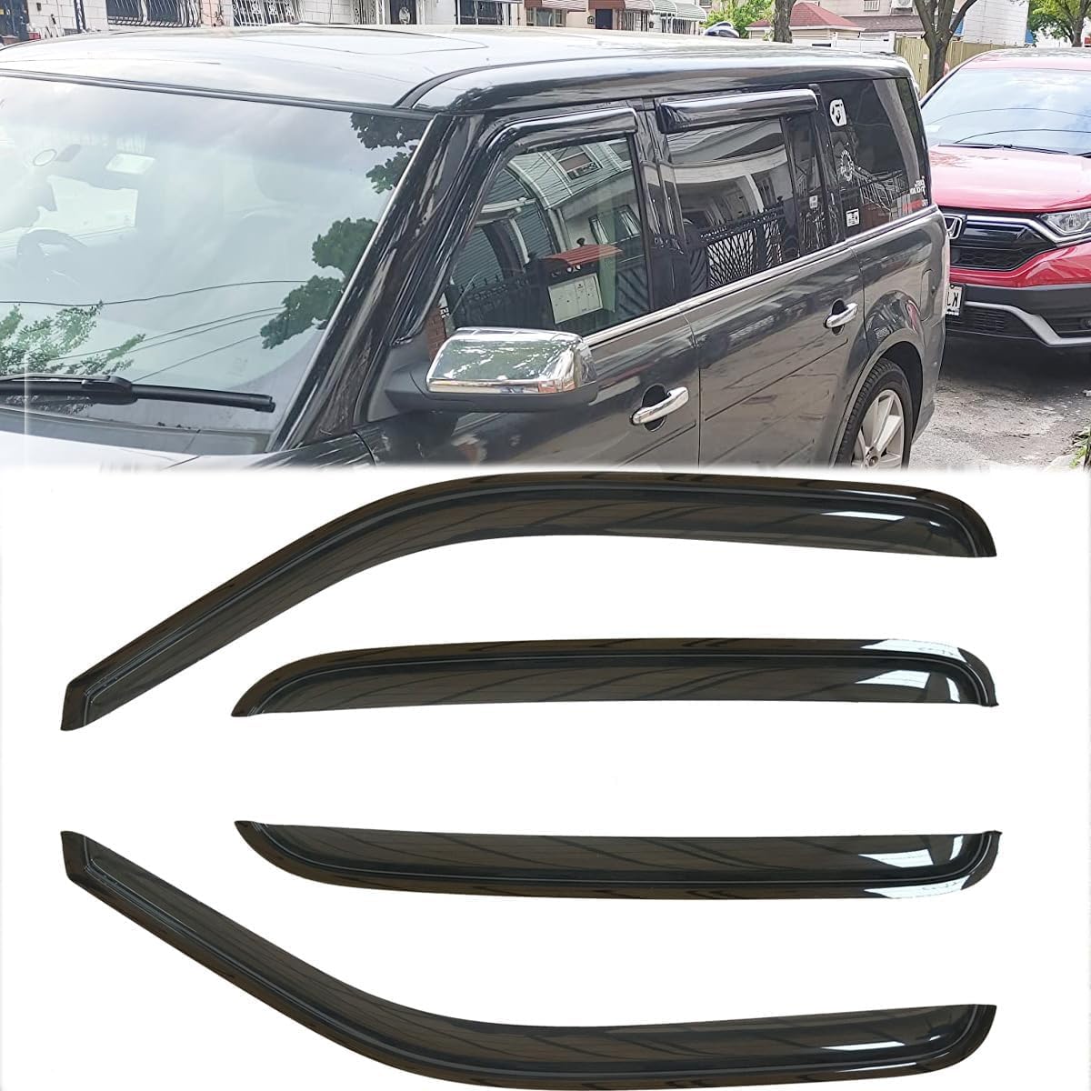 4pcs Original Shatterproof Rainproof Side Window Wind Deflectors Tape on Sun Rain Guards Durable Vent Window Visors Compatible with 2009-2019 Ford Flex 94079