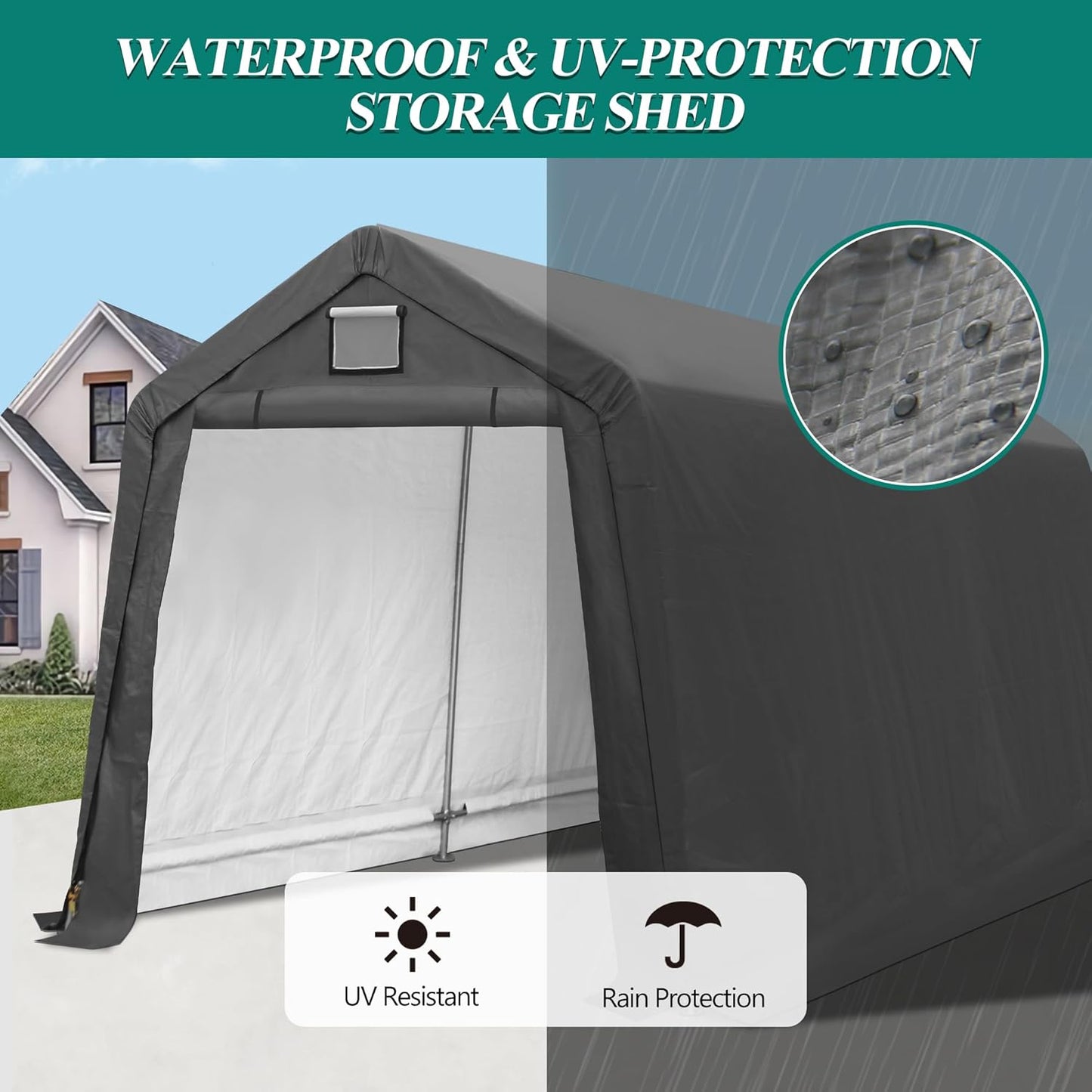 7' x 12' Outdoor Storage Shed- Heavy Duty Storage Shelter Tent with Roll-up Ventilated Door, Portable Garage Zipper Storage shed for Bike, ATV, Motorcycle Shelter, Gray