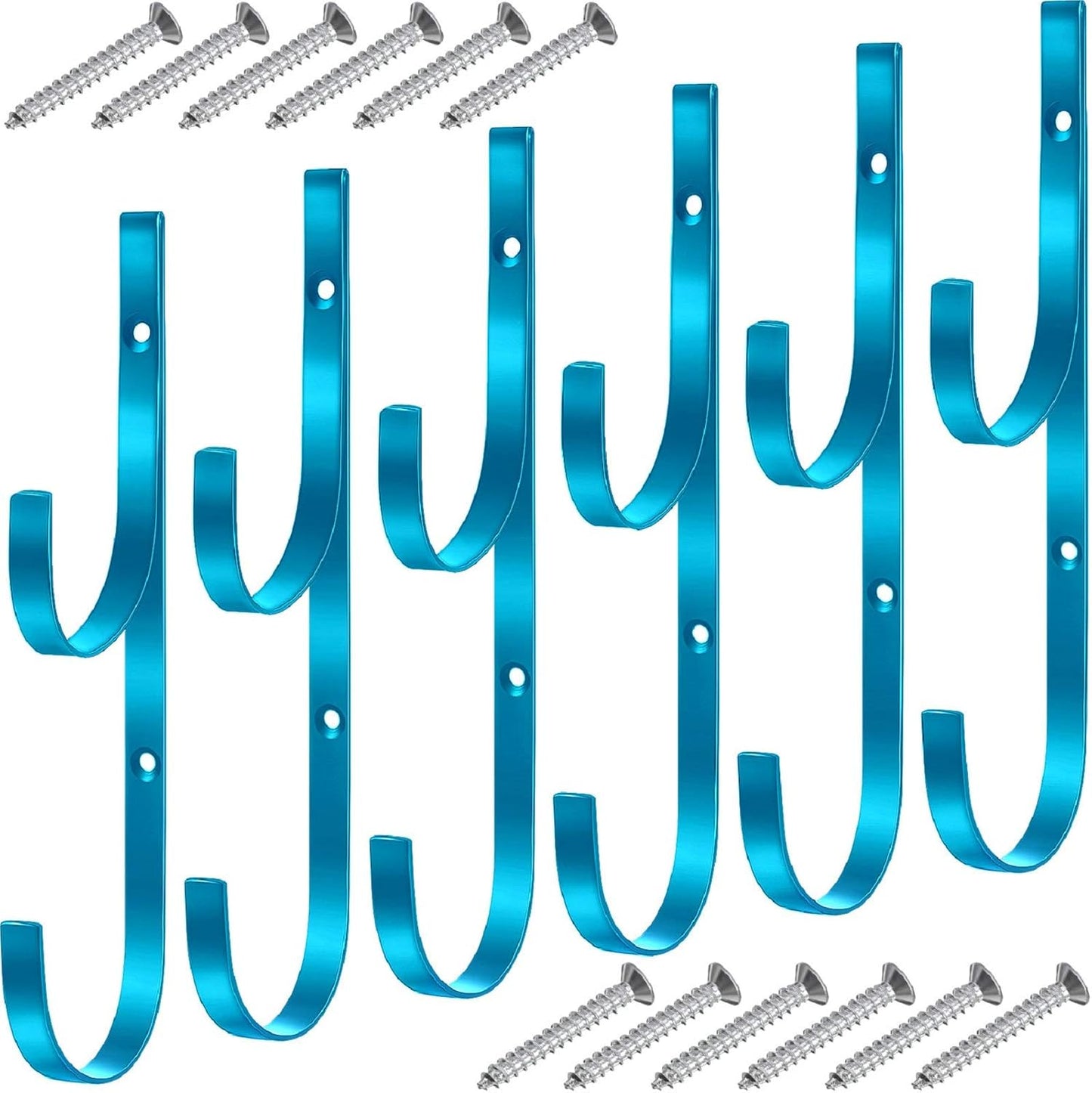 6 Pieces Pool Pole Hook Hanger Swimming Metal Brackets Pool Hook with 12 Pieces Screws for Telescopic Poles, Skimmers, Leaf Rakes, Net, Brush, Vacuum Hose, Garden and Pool Accessories (Blue)