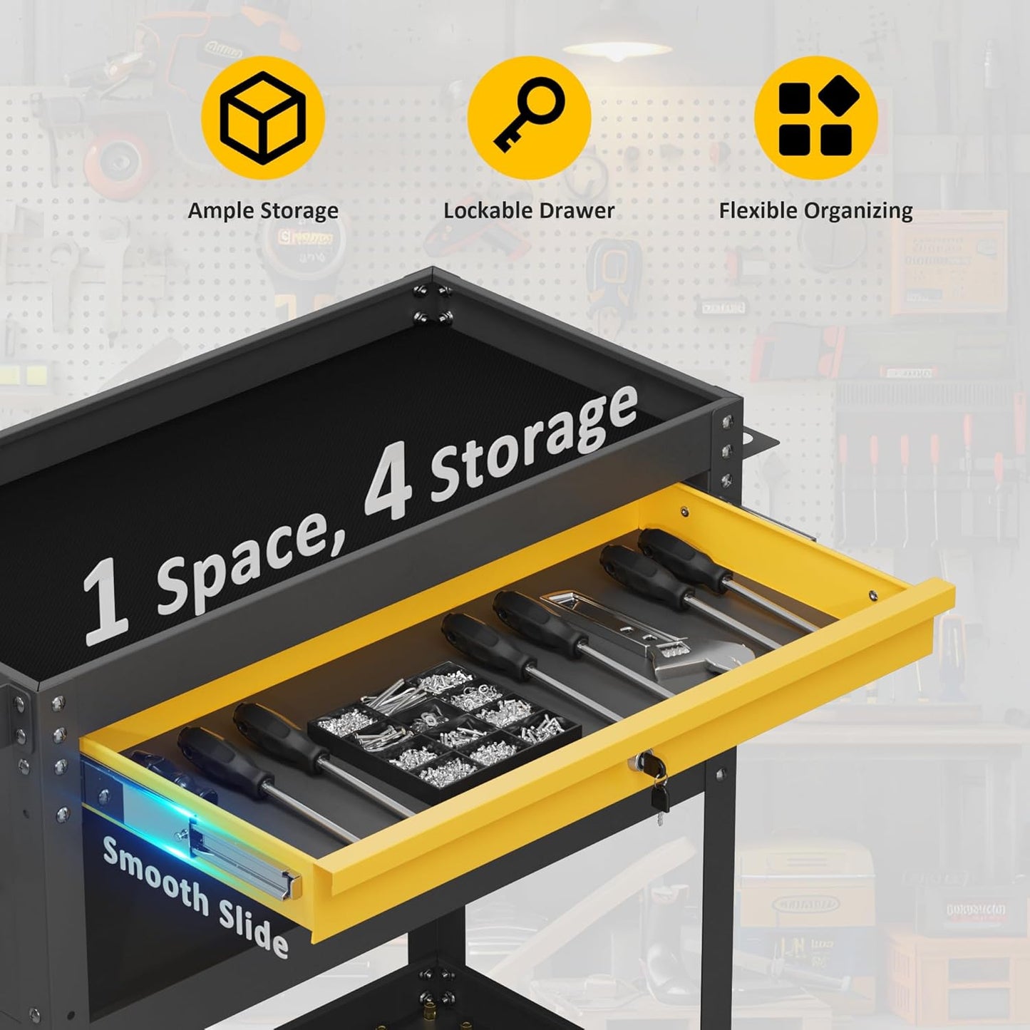 3 Tier Rolling Tool Cart on Wheels, Heavy Duty Utility Cart, Work Cart with Drawers and Pegboards, 440 LBS Loading Capacity Tool Storage Trolley for Mechanic, Garage, Workshop