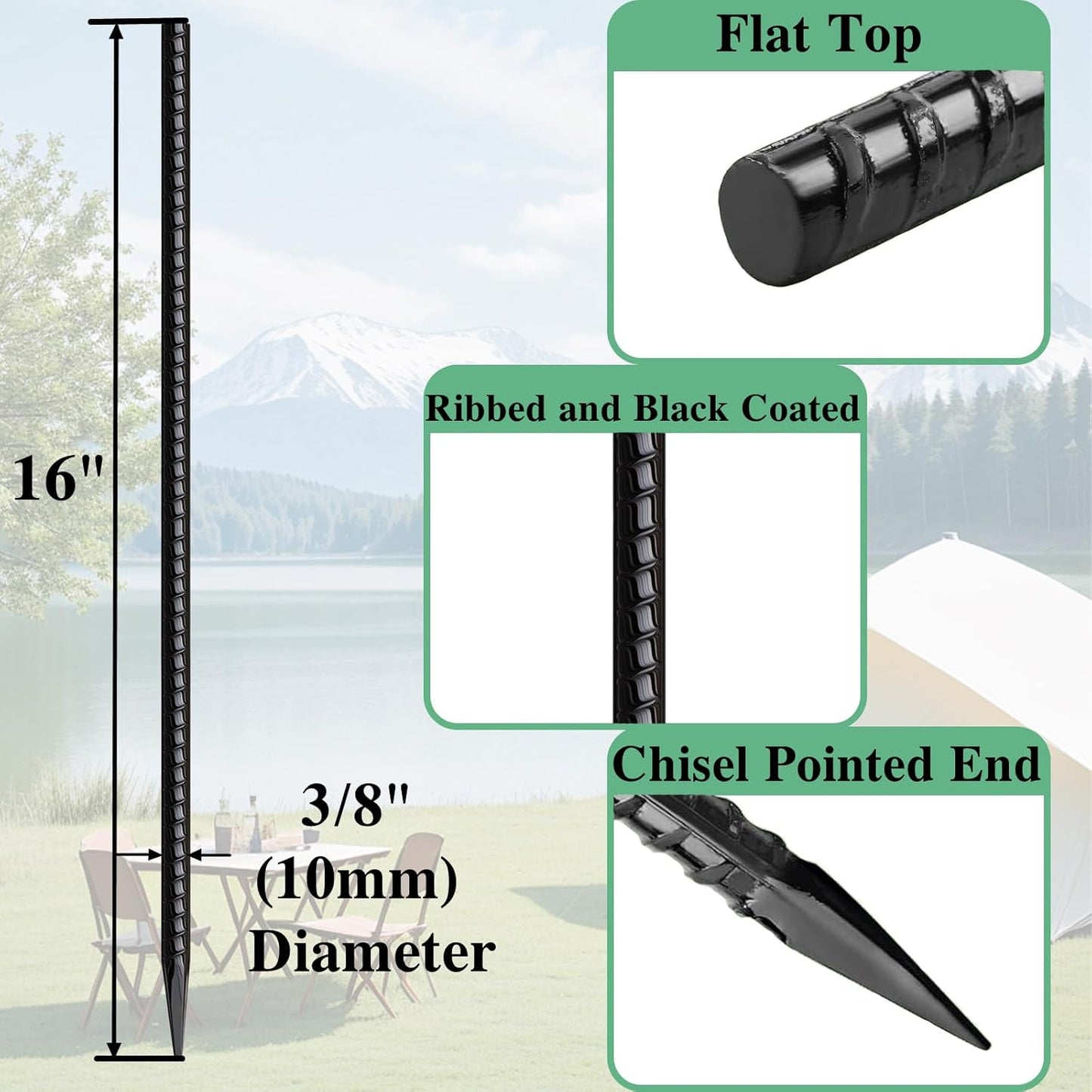 16 Inch Rebar Stakes 30 Pack Heavy Duty Ground Anchors with Chisel Point End Long Straight Steel Tent Stakes 3/8" Thickness Metal Spikes Black Coated for Concrete Timber Camping Garden Plant