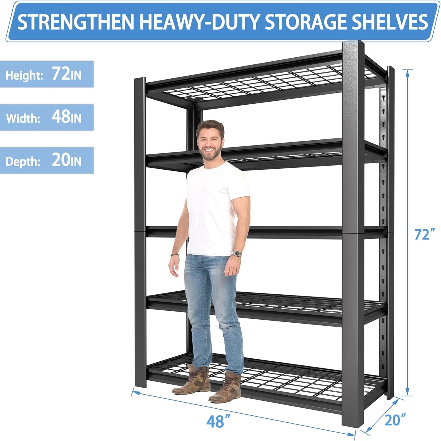 5-Tier Heavy Duty Garage Shelving Unit with Wire Shelves,3000 LBS Capacity Metal Storage Rack 72"H x 48"W x 20"D,Adjustable Boltless Steel Shelves for Garage,Basement,Pantry,Warehouse.2 Pack