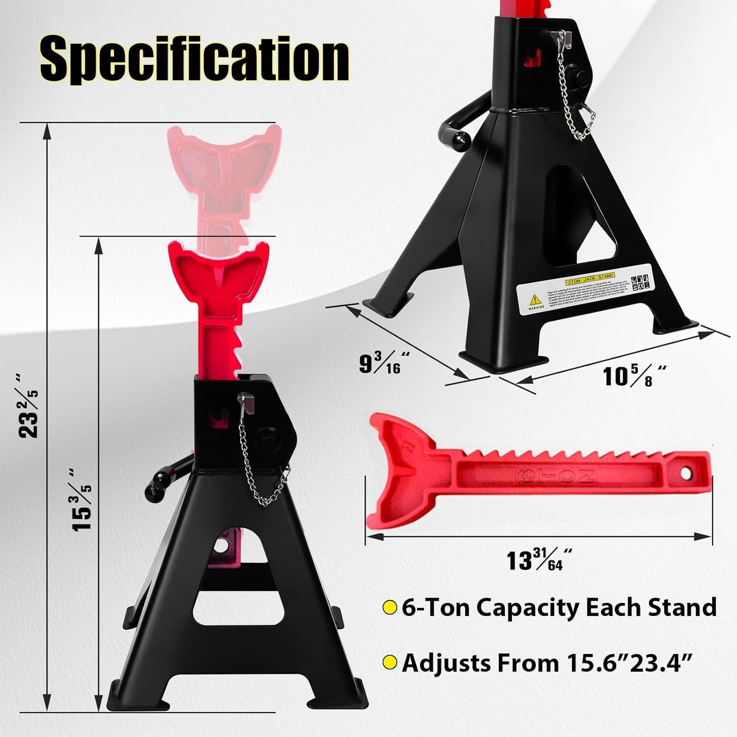 6 Ton Jack Stands, 15.6"-23.4" Adjustable with Double Pin Locking,Heavy Duty Jack Stands with Extra Rubber Pads,Car Lifts for Home Garage,Lifting Various Vehicles,1 Pair Black