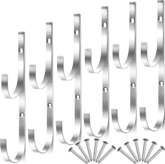 6 Pieces Pool Pole Hook Hanger Swimming Metal Brackets Pool Hook with 12 Pieces Screws for Telescopic Poles, Skimmers, Leaf Rakes, Net, Brush, Vacuum Hose, Garden and Pool Accessories (Silver)