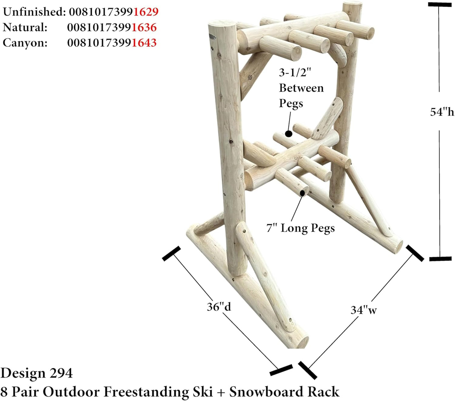 8-Place Freestanding Log Ski Rack Holder, Indoor & Outdoor Snowboard Racks, Standing Storage, Garage Racks for Snow Skis, Durable Snowboard Rack Garage Storage Organizer - Natural + 15" Anchor Kit