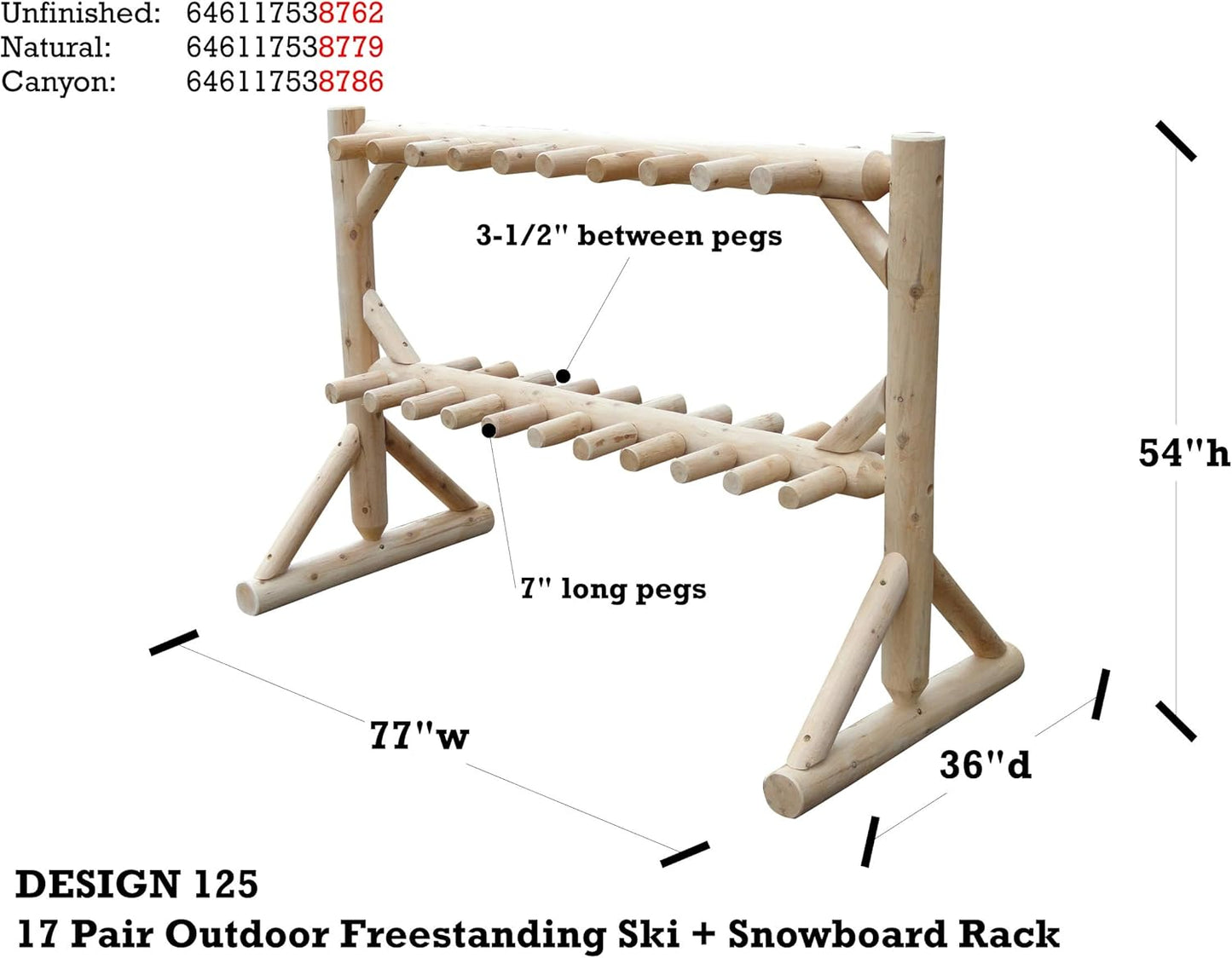 17-Place Freestanding Log Ski Rack Holder, Indoor & Outdoor Snowboard Racks, Standing Storage, Garage Racks for Snow Skis, Durable Snowboard Rack Garage Storage Organizer - Natural + 15" Anchor Kit
