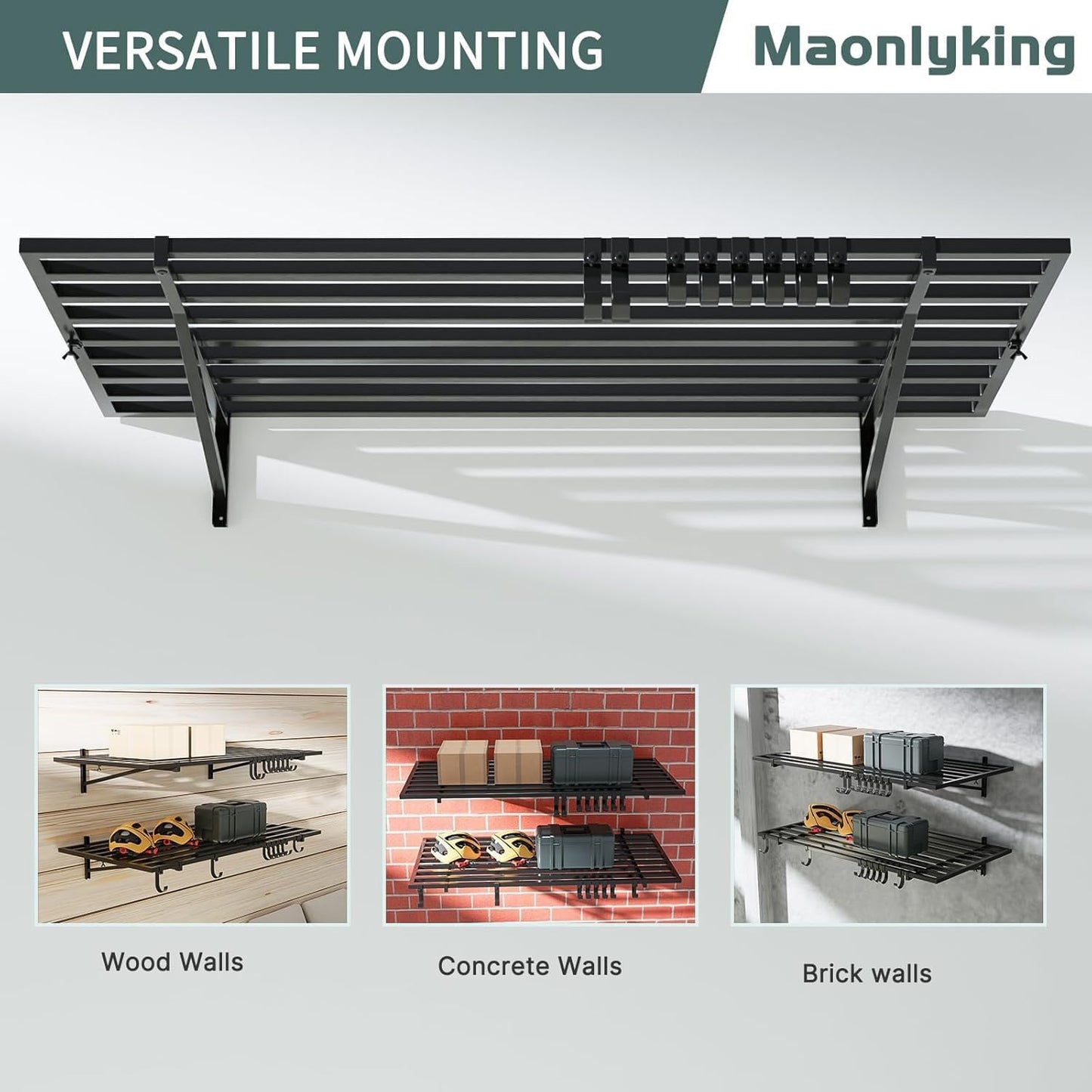 2 Pack Heavy Duty Garage Wall Shelves, 2' x 4' Wall Mount Storage Shelf with Hooks, Wall Organization System, Holds 250 lbs Each