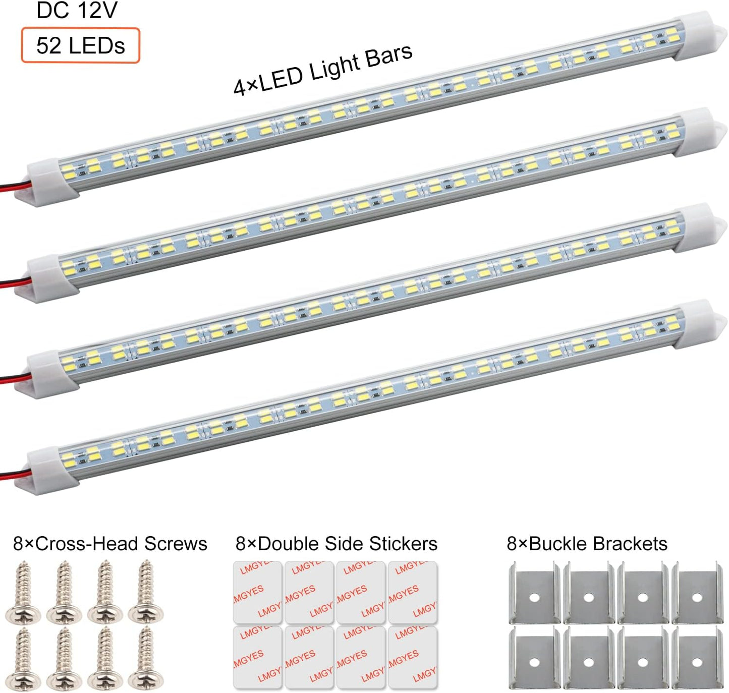 12V Interior LED Light Bar for Car,12V LED Light Strip 54 LEDs Lighting Super Bright 7000K White Color DIY Cabinet LED Light Strip for Car,Trailer,Motorhome,Van,RV,Truck Bed Lights(4 Pack)