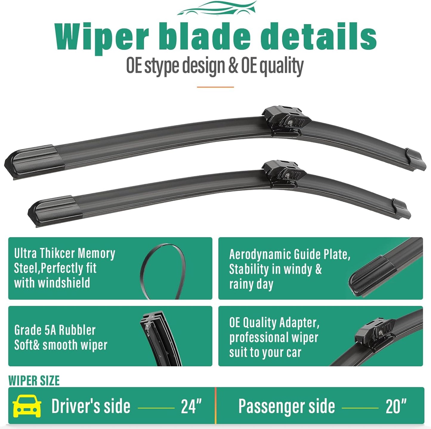 24" 20" 13" Windshield Wiper Blades Replacement for BMW X2 2018 2019 2020 2021 2022 2023 Premium All Weather Front Rear Wipers Set - OEM Quality (Pack of 3)