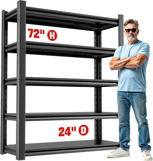 5 Shelf Heavy Duty Garage Shelving – Durable Metal Storage Shelf Organizer for Garage, Workshop, or Utility Rooms, Heavy Duty Shelving Rack for Maximum Strength 24" D x48 W x72 H