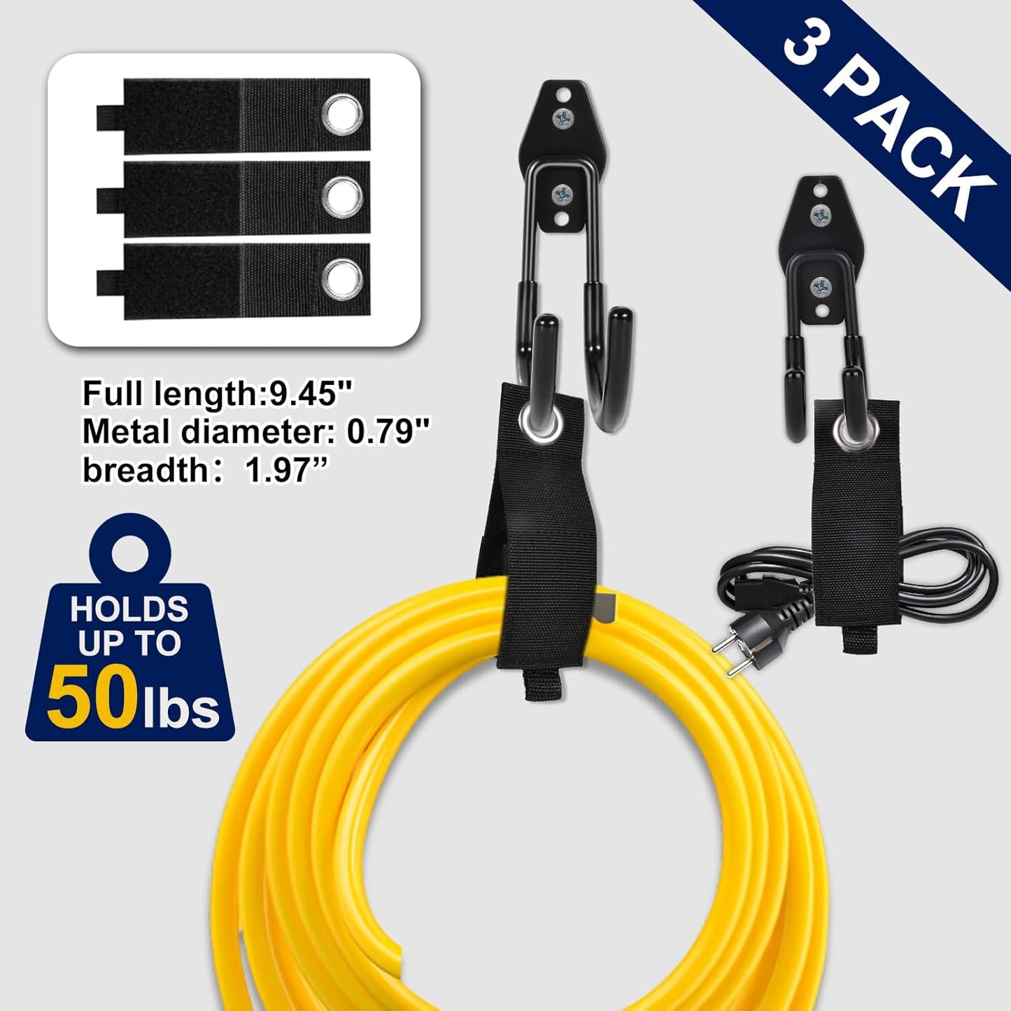 18 Pack Garage Hooks, Anti-Slip Coating, Hooks for Hanging Heavy Duty for Garages, Bicycles, Ladders, Gardening, Tools, Including 3 Organizing Straps