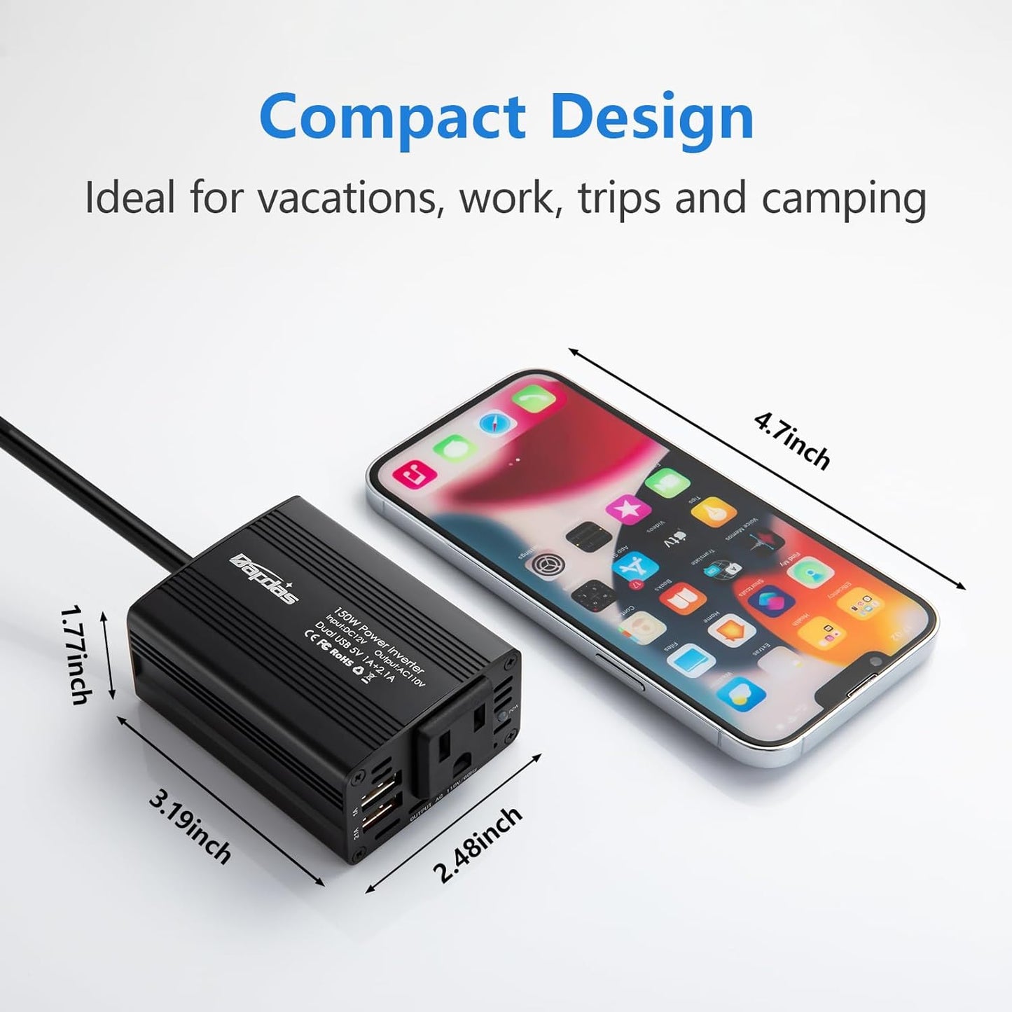 150W Car Power Inverter DC 12V to 110V AC Car Adapter for Plug Outlet with 3.1A Dual USB Car Charger for Laptop Computer-Black