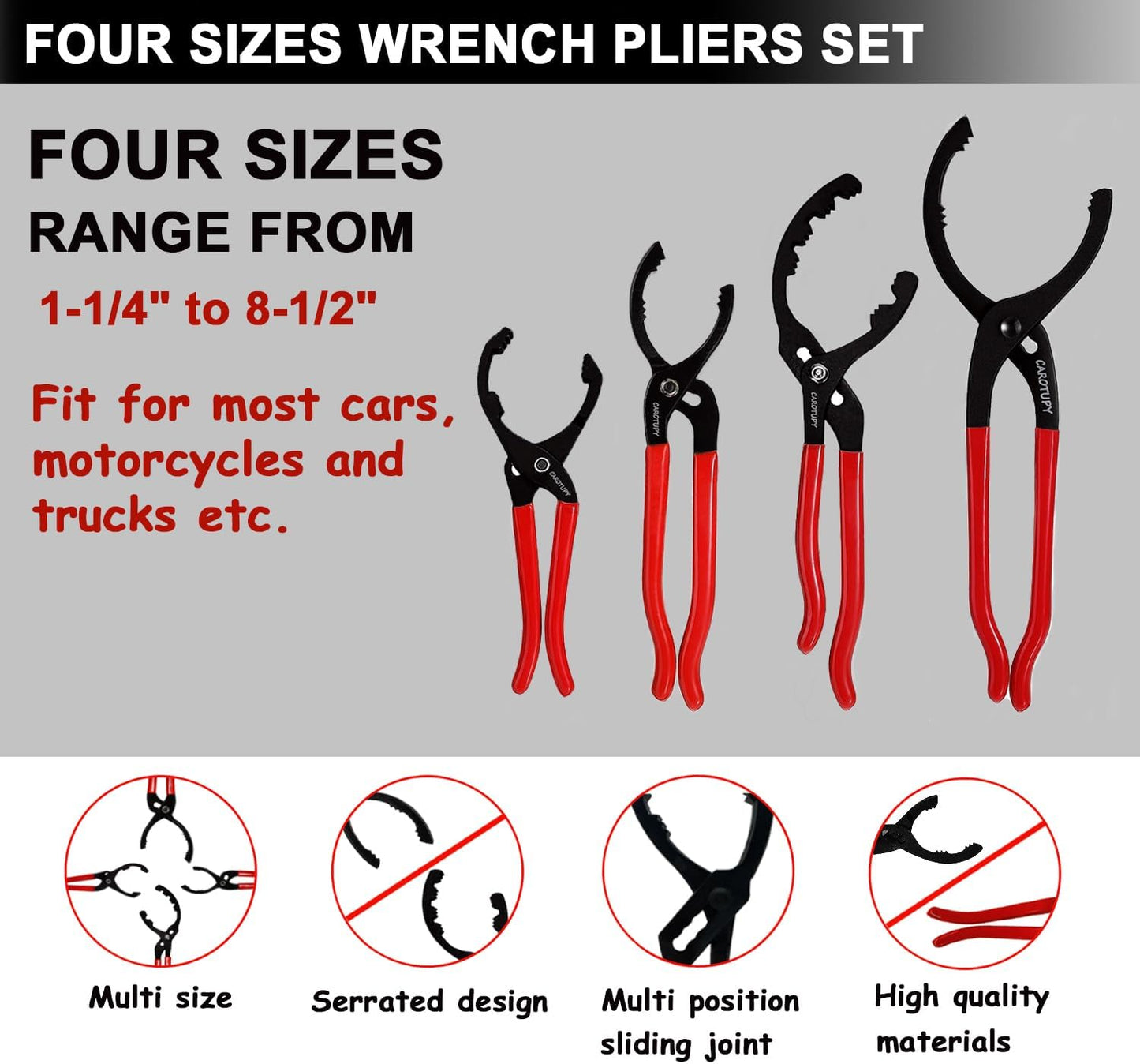 6Pcs Oil Filter Pliers Set, Universal Oil Filter Wrench with Oil Funnel, 10" & 12" & 14" & 16" Premium Oil Filter Removal Tool From 1-1/4" to 8-1/2"