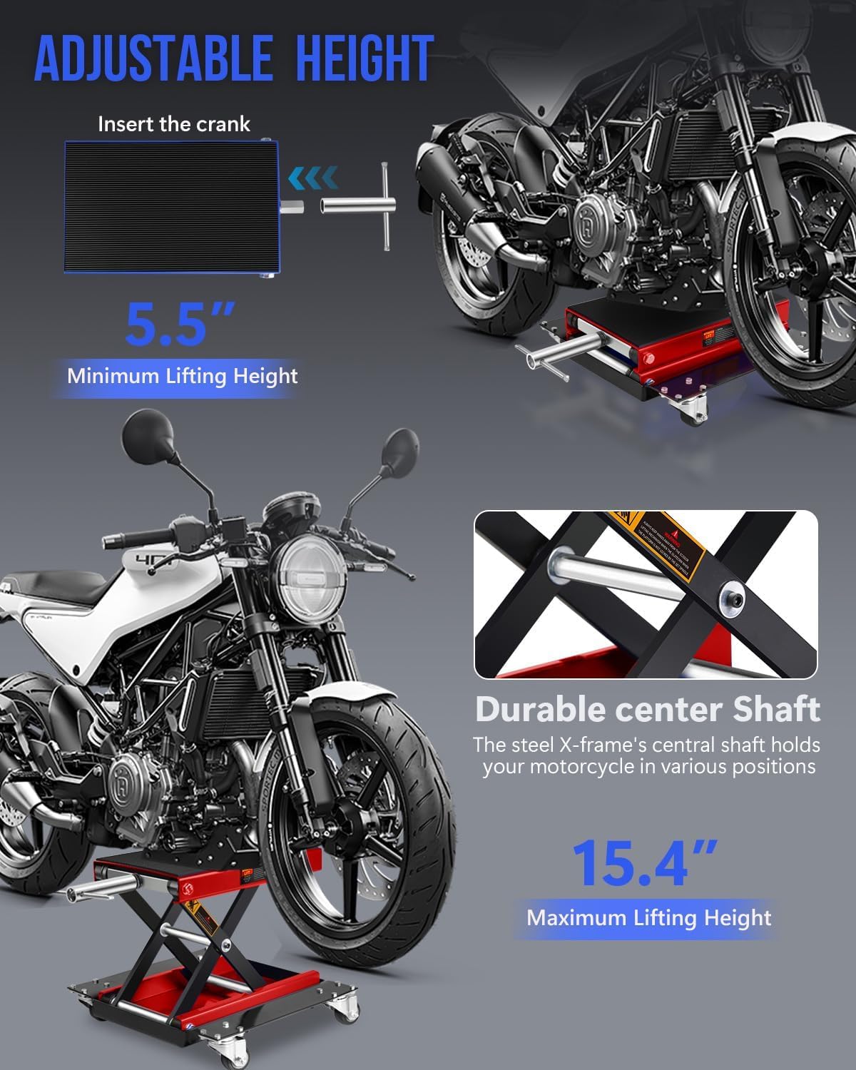 1100LBS Motorcycle Scissor Lift Jack with Dolly Wheels & Hand Crank, Heavy Duty Adjustable Bike Lift Stand with Foldable Non-Slip Platform for Cruiser, Dirt Bike, ATV Garage Repair