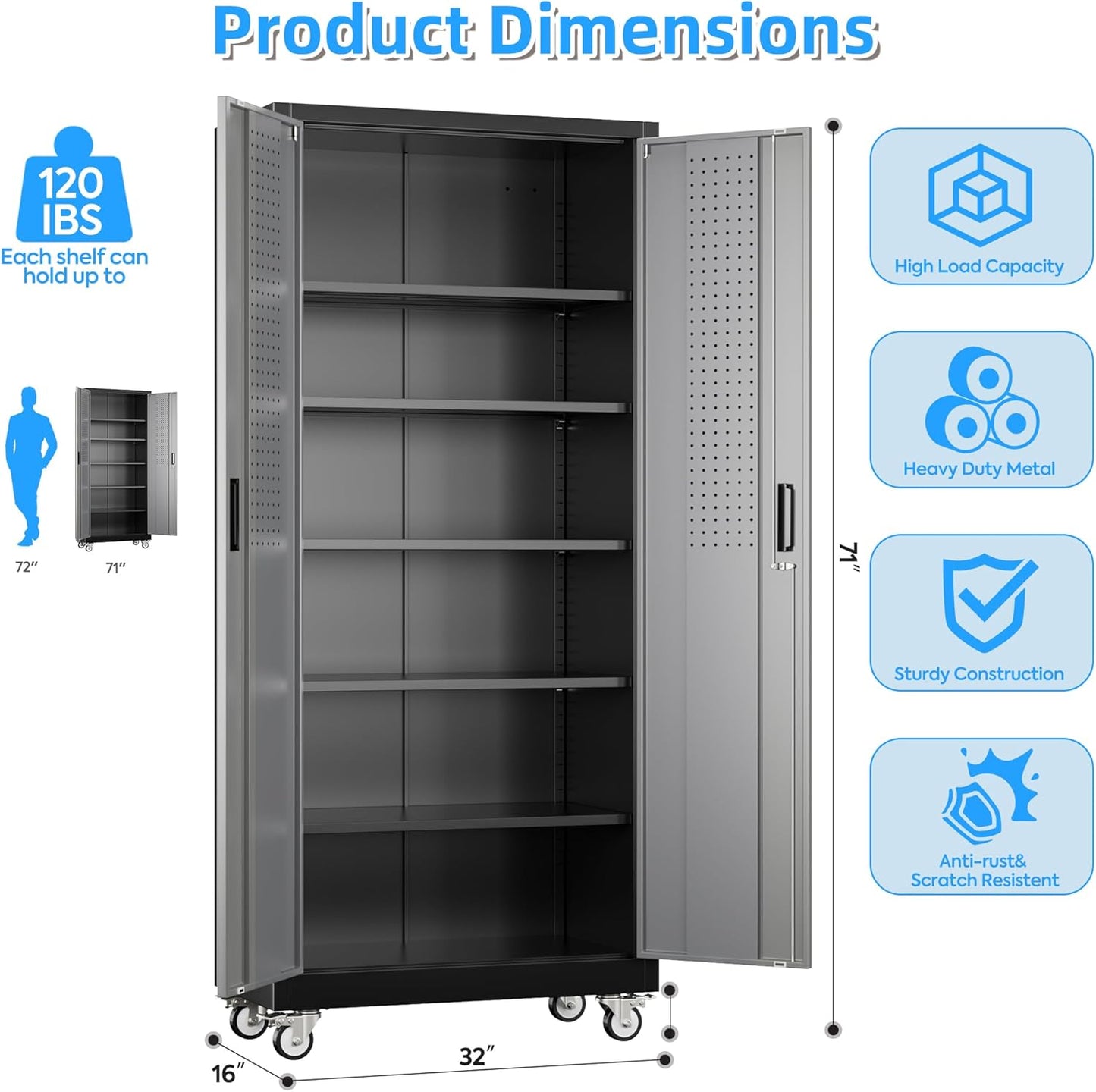 71" H×32" W×16" D Garage Storage Cabinet with Wheels & Pegboard, Locking Metal Storage Cabinet with Doors and 5 Adjustable Shelves & & 4 Hooks for Garage Warehouse Home Office, Black and Gray