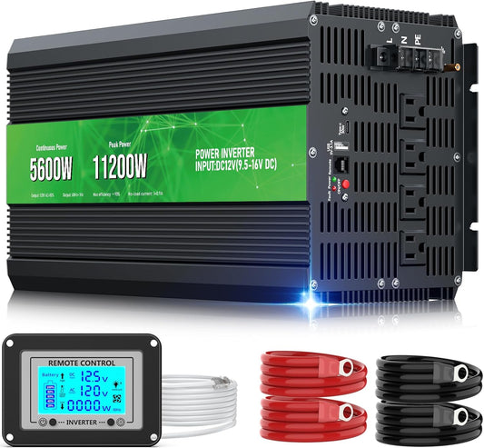5600W Power Inverter,Peak Power 11200W 12V DC to AC 110120V,Remote Control with 4AC Outlets and3.1USB Port,LCDDisplay for Outdoor Activities,Emergency