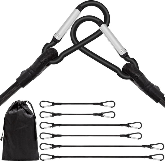 6 Piece Bungee Cords with Hooks - Heavy Duty Outdoor Bungee Cord Includes 24", 40", 60", Extra Strong Carabiner Bungee Cord with Metal Hook for Camping, Tarps, Bike Rack, Tent, Car