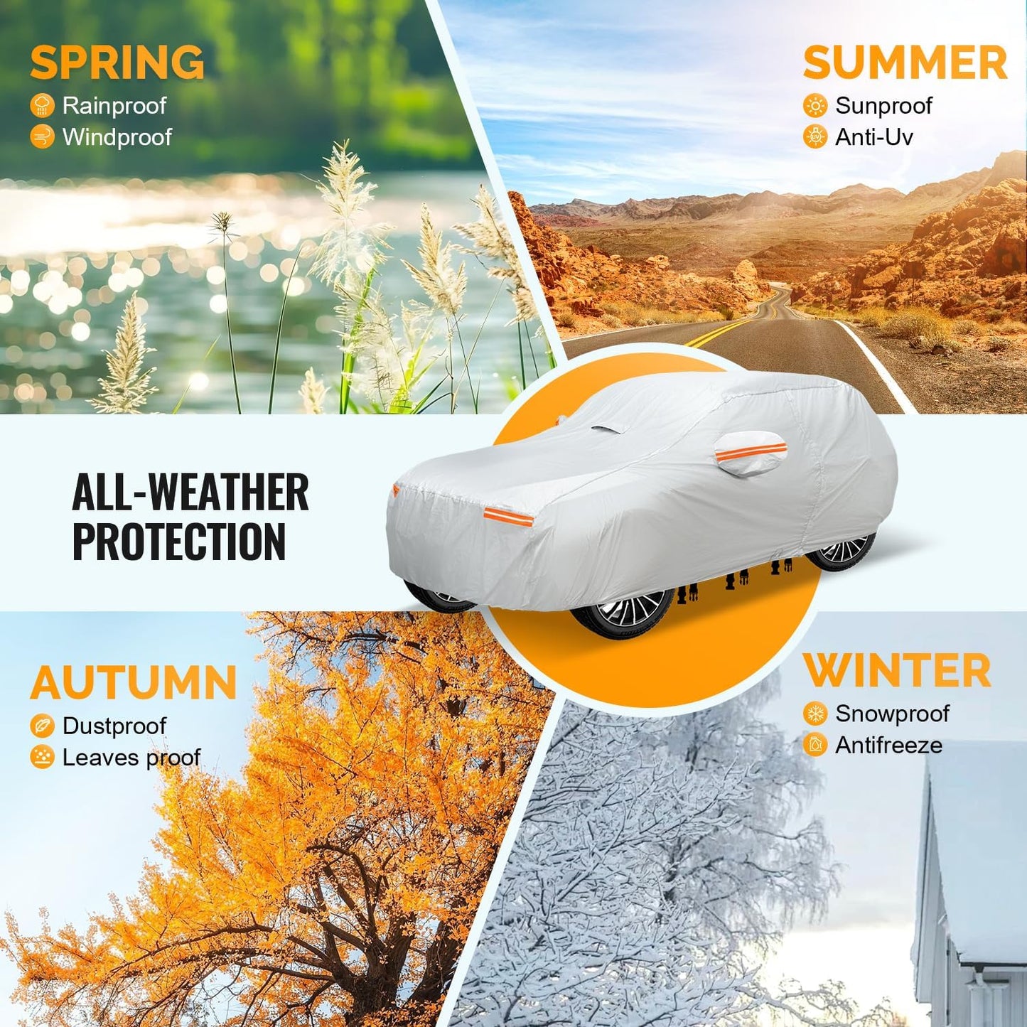 30 Layers SUV Car Cover for Automobiles All Weather Waterproof, Outdoor Snowproof UV Protection Windproof, Door Zipper, Soft Cotton, Heavy Duty Universal Car Covers, (Silver, Fit SUV 181"-190")