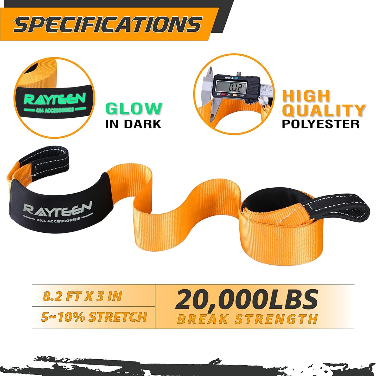 2PK Genuine 20,000lb Xtreme Heavy Duty Tree Saver | 8.2ft x 3in Vehicle Tow Strap with Reflective Sleeve & Reinforced Loops | Suits for 4x4 Offroad UTV ATV Trucks