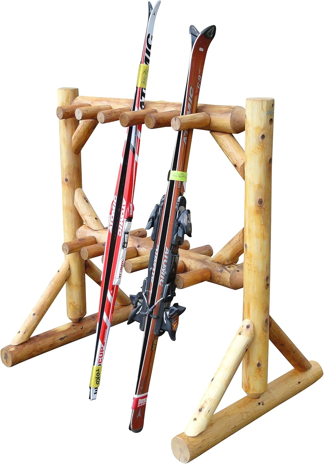 11-Place Freestanding Log Ski Rack Holder, Indoor & Outdoor Snowboard Racks, Standing Storage, Garage Racks for Snow Skis, Durable Snowboard Rack Garage Storage Organizer - Natural