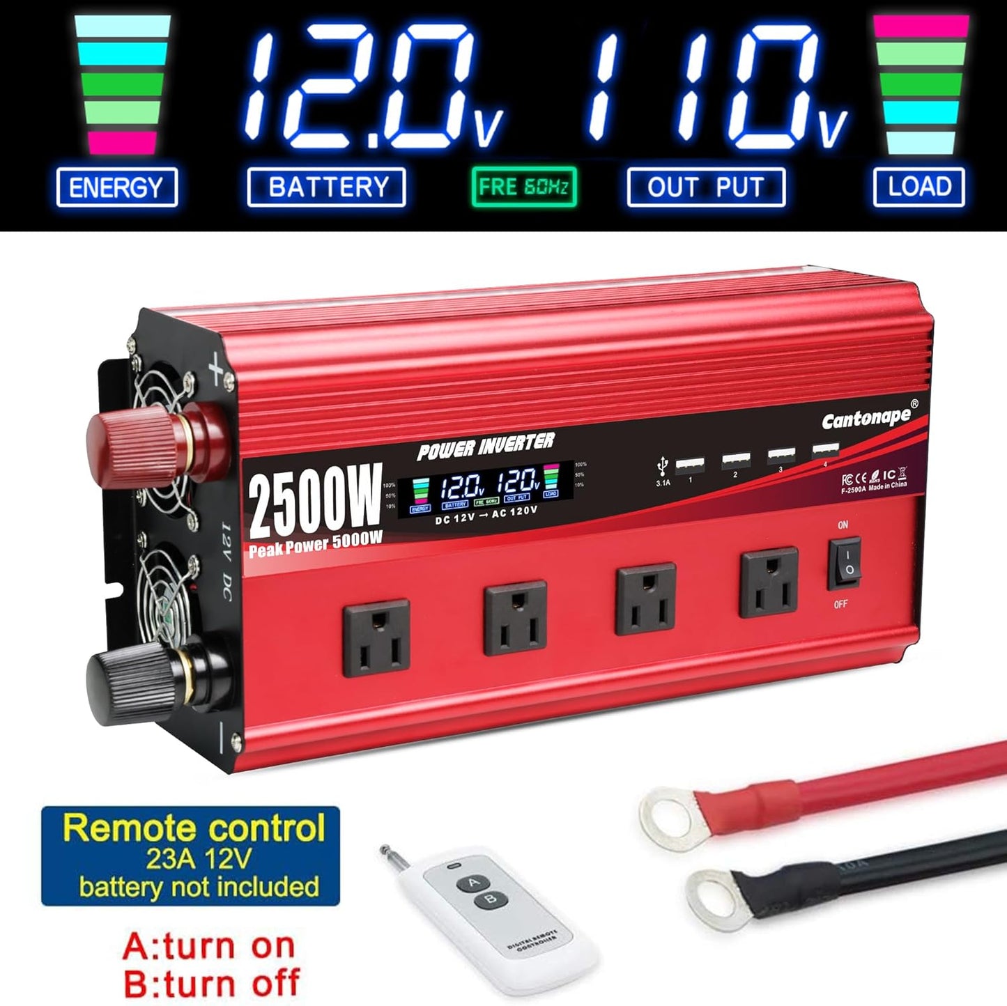 2500W Power Inverter 12V to 110V/120V DC to AC with LCD Display, Remote Controller 4 x AC Outlets and 4 x 3.1A USB Car Adapter for Car Truck Boat RV Solar System
