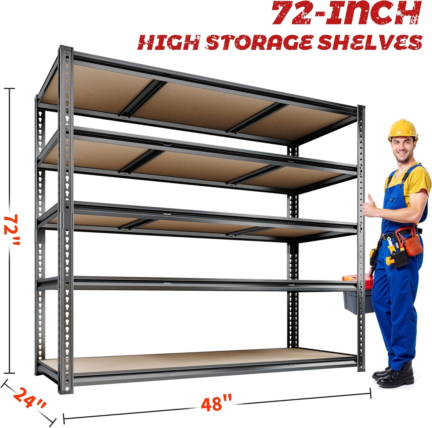 48"W Garage Shelving, 2650LBS Storage Shelves heavy duty, 5 Tier Metal Shelving Unit Adjustable Garage Shelves Heavy Duty Shelving for Warehouse,Commercial, Kitchen, 48" W × 24" D × 72" H, Black，2PCS