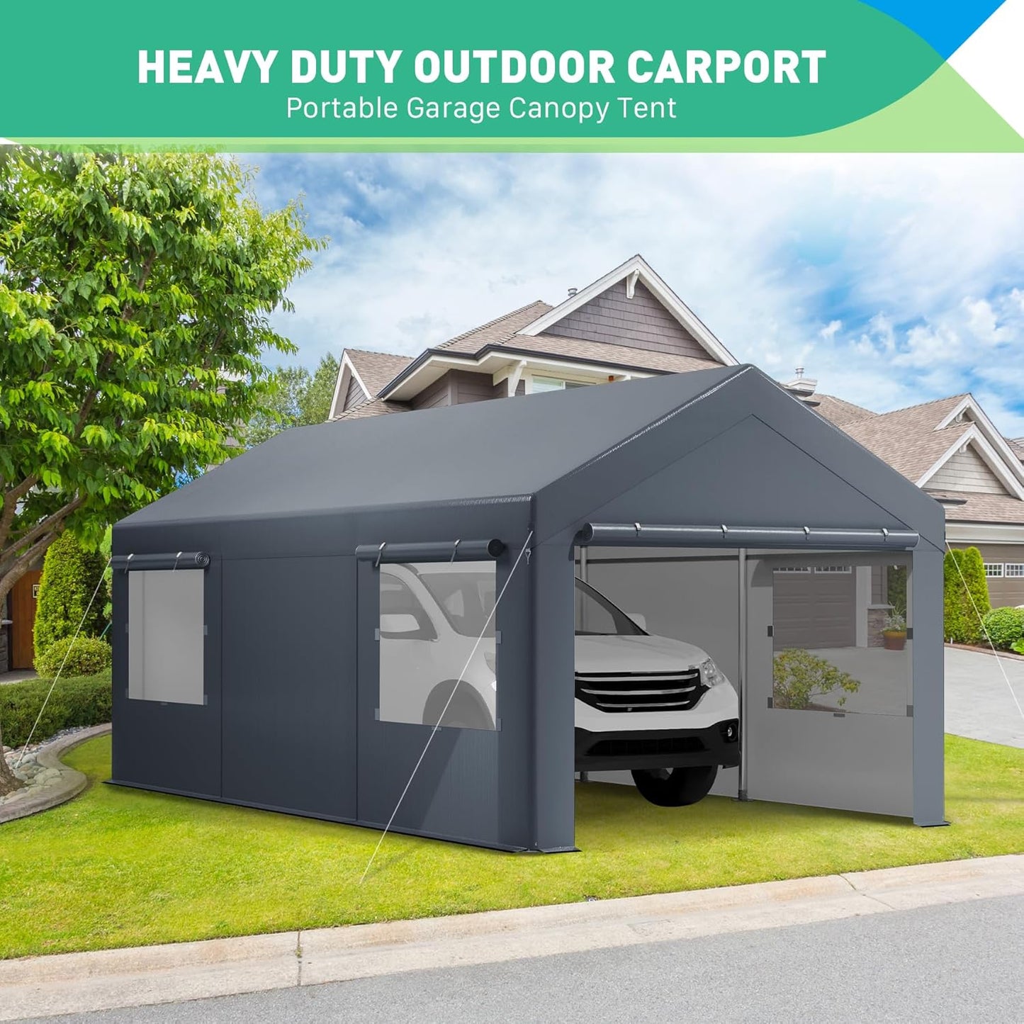 10X20 Ft Heavy Duty Carport Canopy, Portable Garage, Car Tents, Easy to Assemble, Reinforced Structure, with Hanging Edge, Applicable to Car, Bike, Boat, Party (Gray)