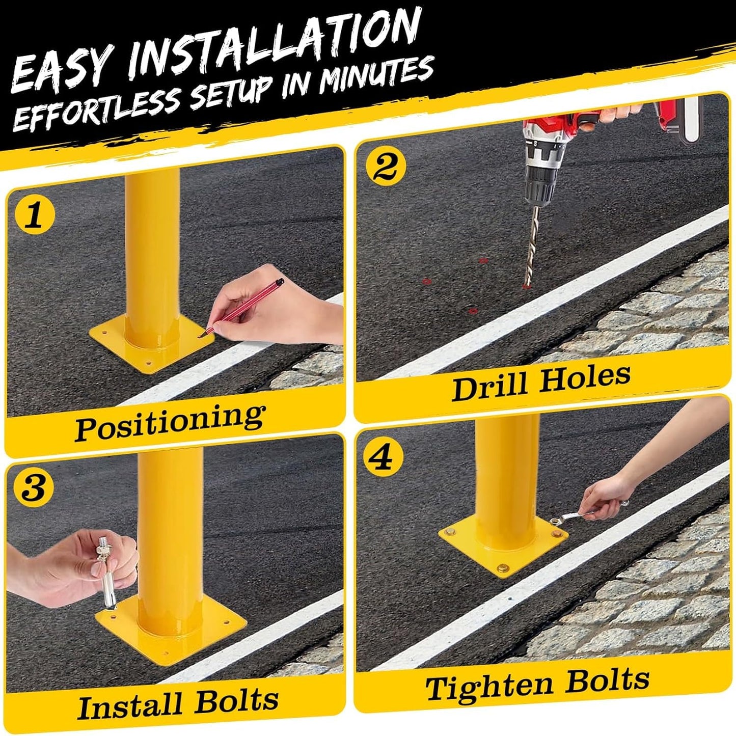 2 Pack Safety Bollard Post, 42 Inch Height 4.5 Inch Diameter Yellow Pipe Safety Steel Bollards with Anchor Bolts and Wrench, Steel Bollards for Road Warning Construction Public Place Traffic Control