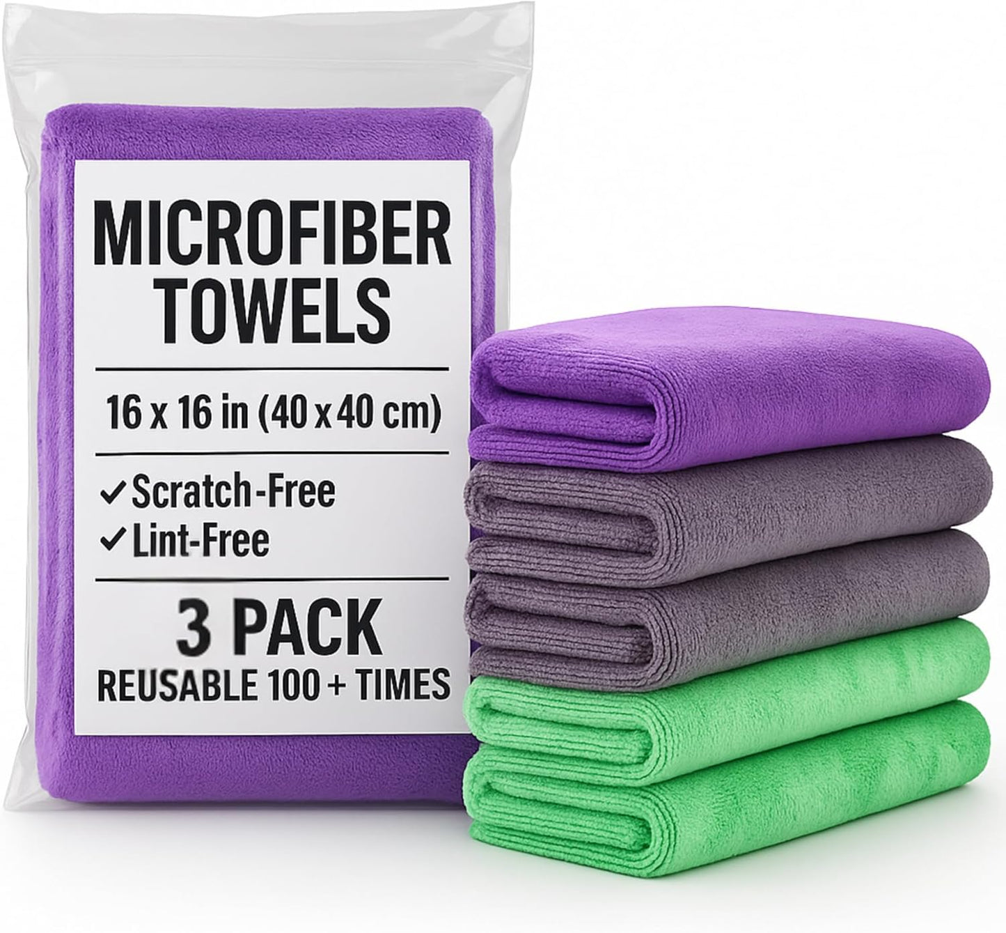 3 Pack Reusable Pak Details Micro Fiber Towels Car Detailing | 16x16 Ultra-Absorbent & Dual-Sided Car Microfiber Towel for Polishing, Wax Removal & Buffing | Lint & Streak-Free | Auto Cleaning Cloths