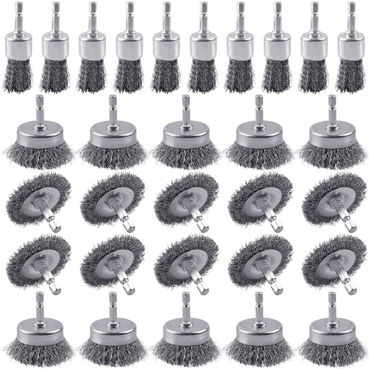 30 Pack Carbon Steel Wire Wheel Brush, Rocaris Cup Brush, Wheel Brush, Pen Brush Set with 1/4-Inch Hex Shank for Rust Removal, Corrosion and Scrub Surfaces