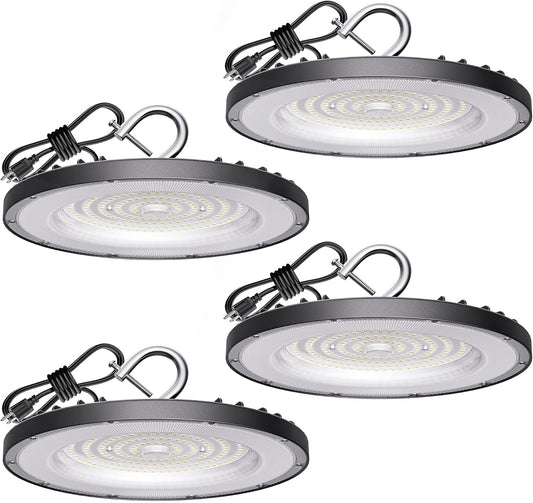 4 Pack UFO Led High Bay Light 150W(600W MH/HPS Equiv.), 21000lm, 4000K Daylight High Bay Led Light with 5' Cable US Hook, IP65 Waterproof Commercial Light Fixture for Warehouse Workshop Barn Factory
