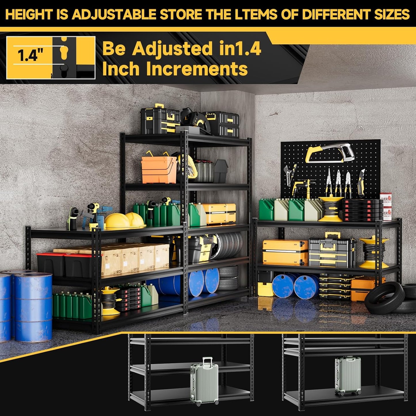 5-Tier 40" W X 20" D X 72" H Storage Shelves 2800LBS Metal Garage Shelving Adjustable Heavy Duty Shelving Basement Industrial Garage Shelf Rack(Black)