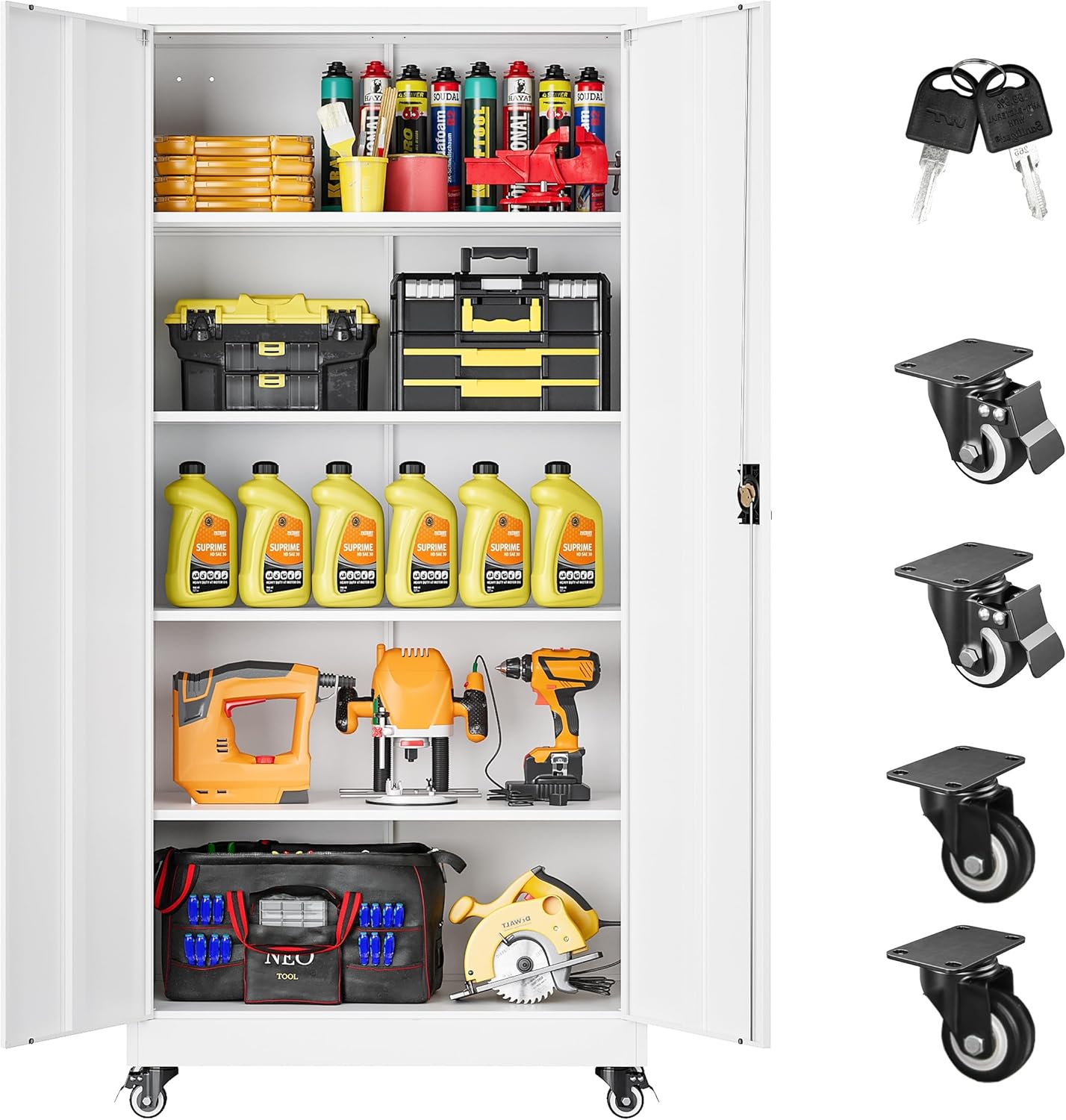 75" Tall Metal Storage Cabinet with Wheels,Rolling Garage Storage Cabinet with Lock,White Metal Cabinets with Wheels and Shelves,Tool Cabinets on Roller for Garage,Home,Office,Shop