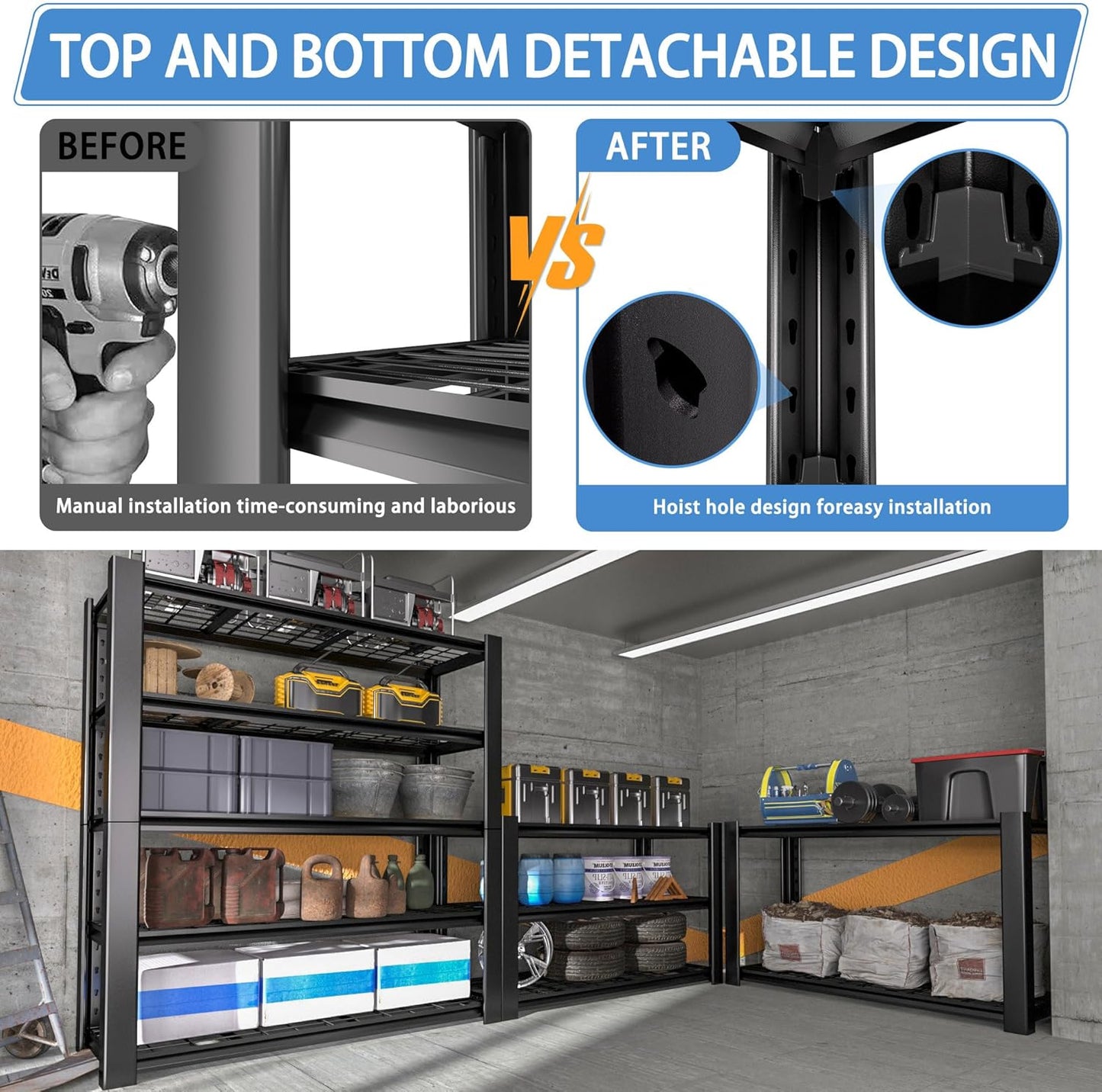 5-Tier Heavy Duty Garage Shelving Unit with Wire Shelves,3000 LBS Capacity Metal Storage Rack 76"H x 60"W x 24"D,Adjustable Boltless Steel Shelves for Garage,Basement,Pantry,Warehouse.4 Pack
