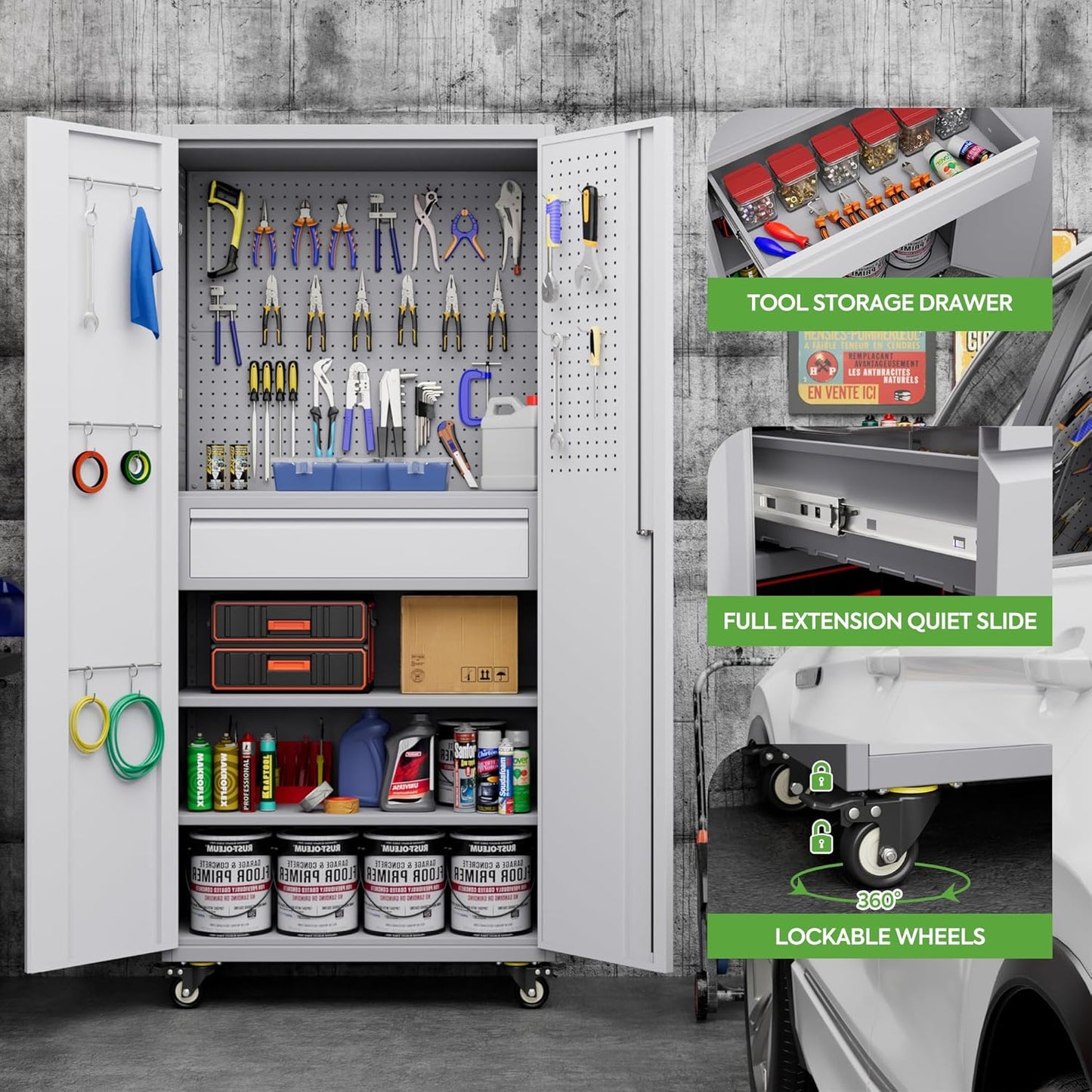 71" Metal Garage Storage Cabinet with 16 Hooks and Pegboards,1 Drawer Inside Rolling Tool Storage Cabinet with Adjustable Shelves,3 Metal Hanging Rod for Garage,Warehouse(Grey/White)
