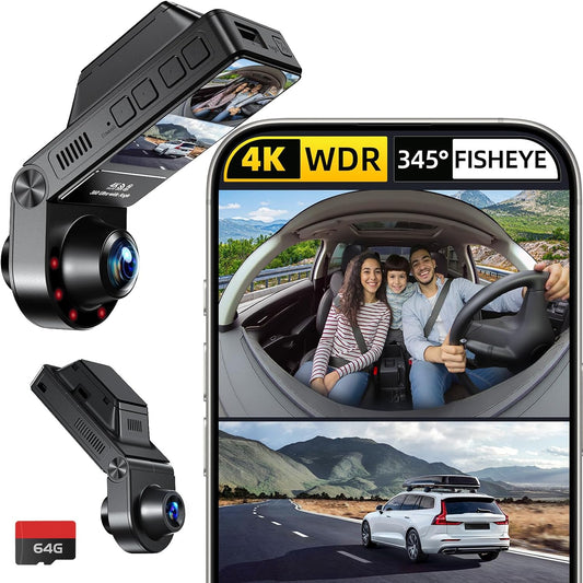 4K Dash Cam Front and Inside, 360 Camera for Car 2-Channel Dashcam 160°+185° Ultra Wide Angle, 4K/2.5K WDR, IR Night Vision, WiFi & APP Control, GPS, G-Sensor, 64GB Card, GT820 Black